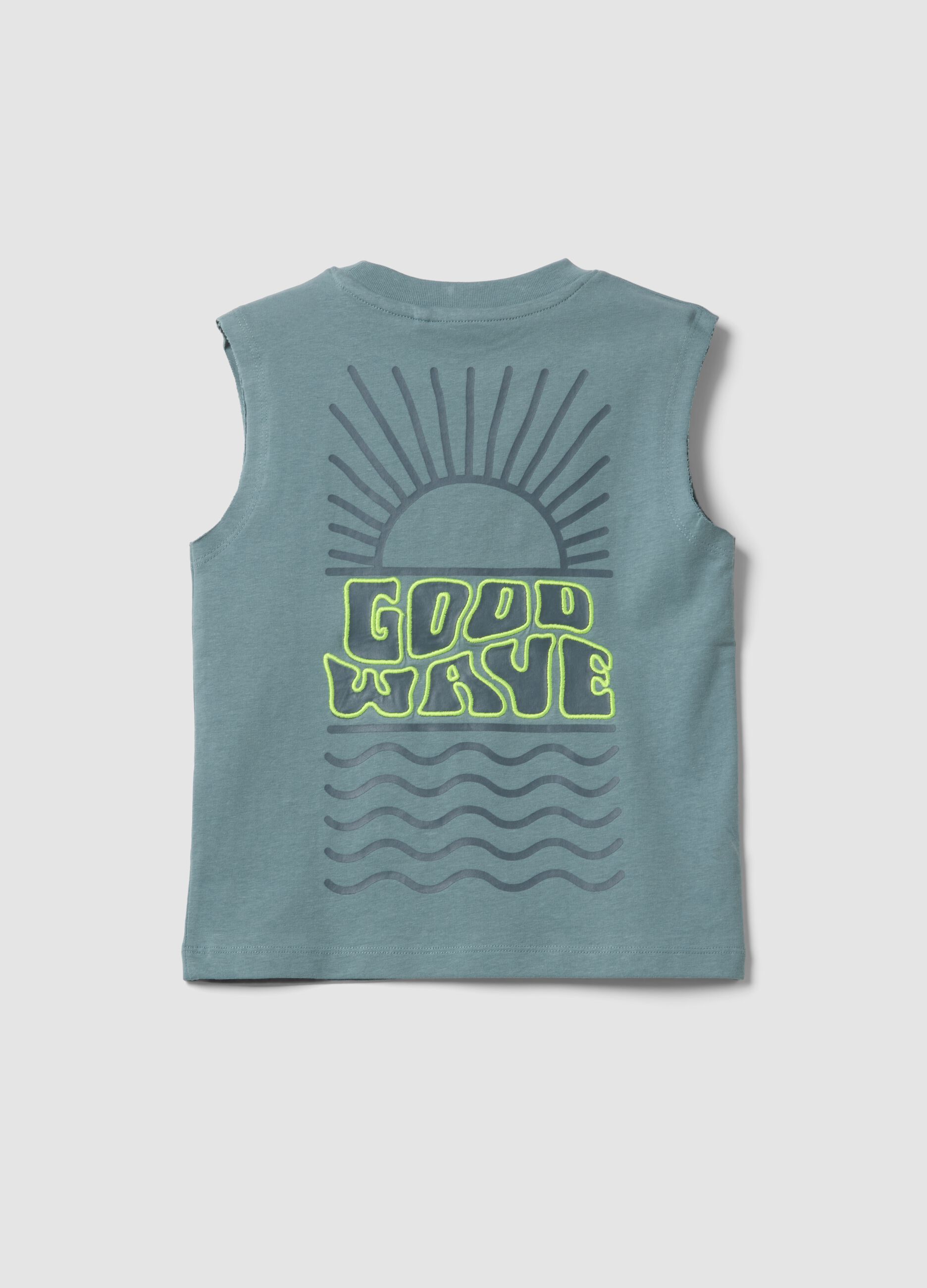 Green pure cotton printed vest top for boys, oversized fit