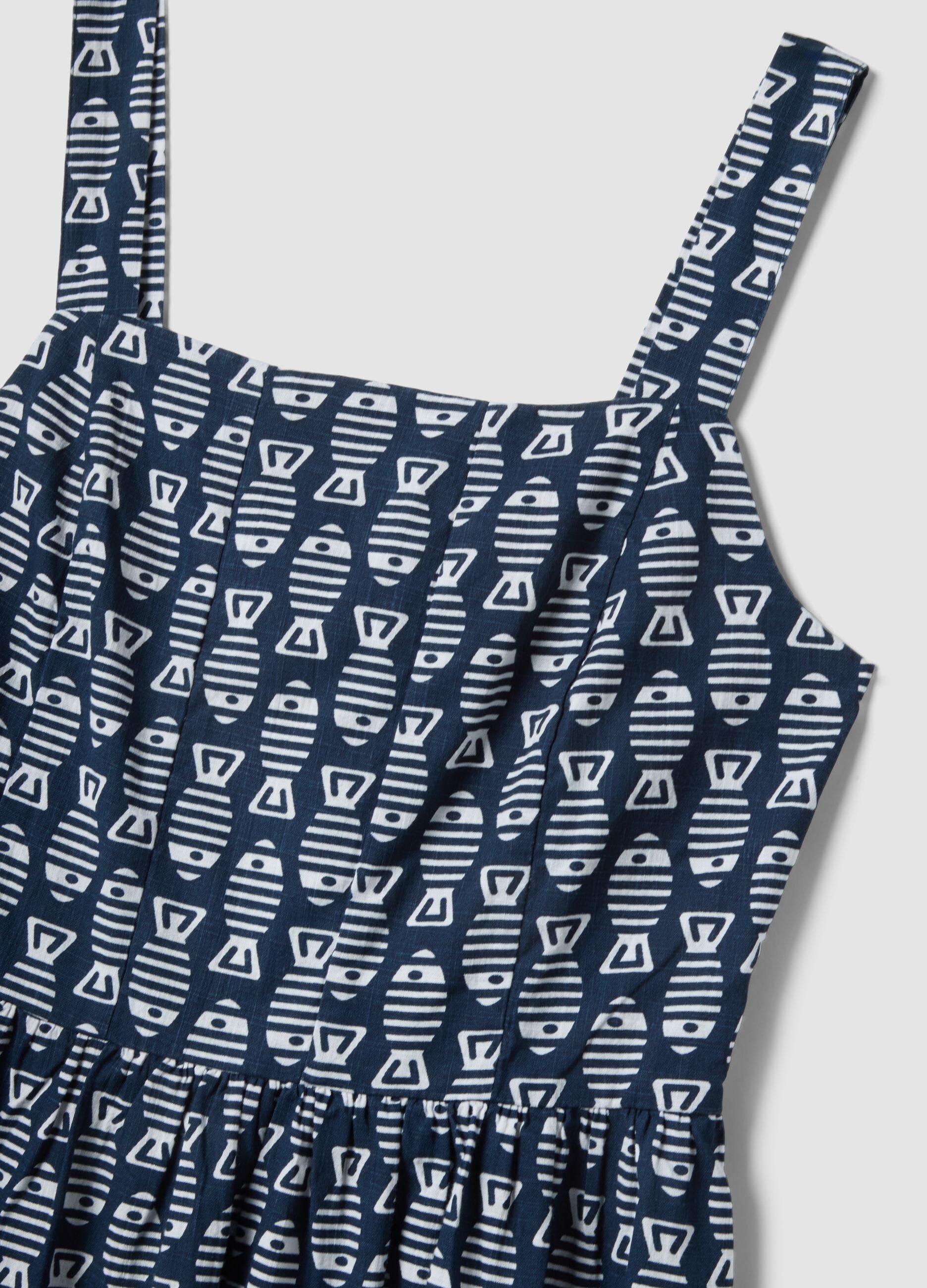 Blue pure cotton strappy dress with a summer print