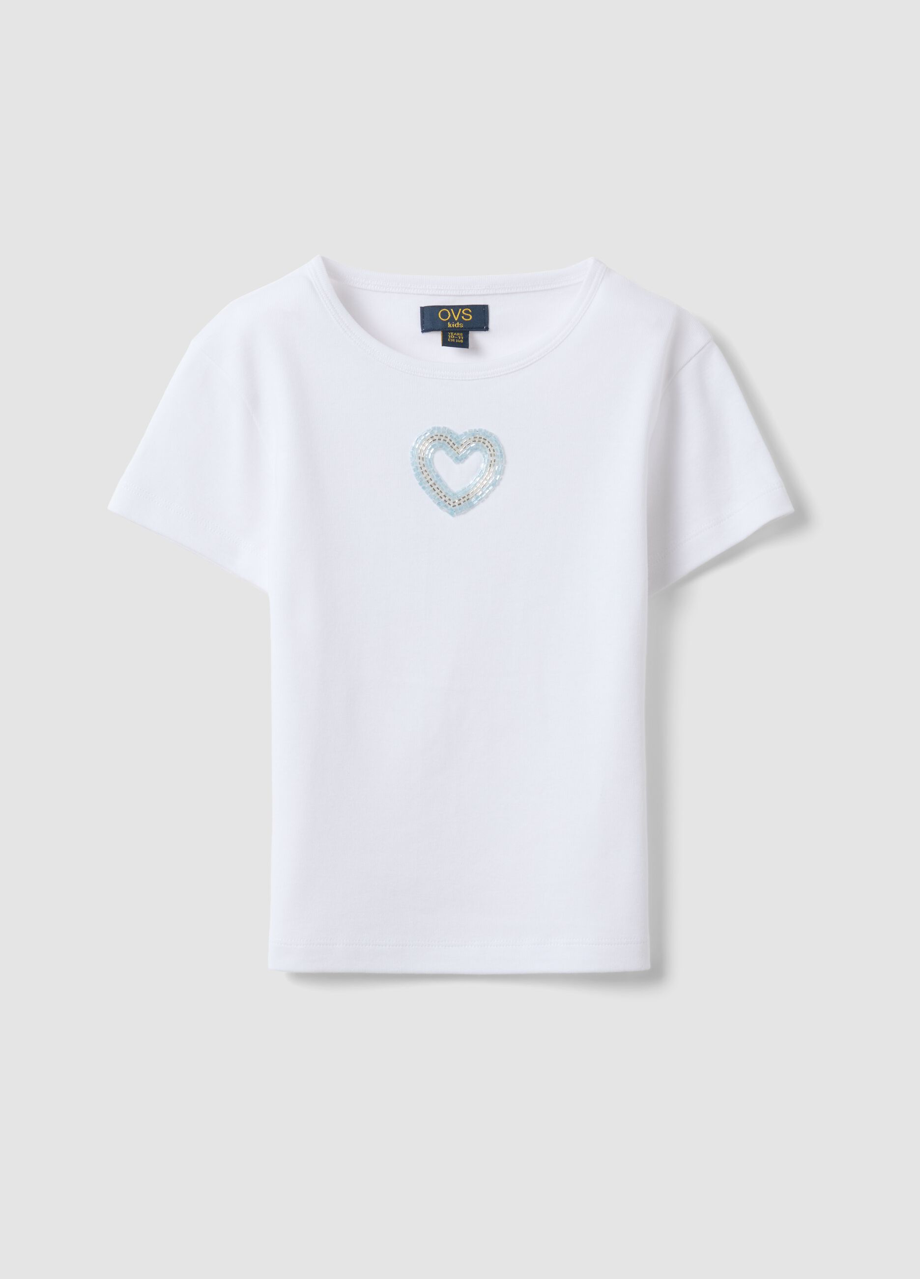 White short-sleeve pure cotton T-shirt with decorative heart