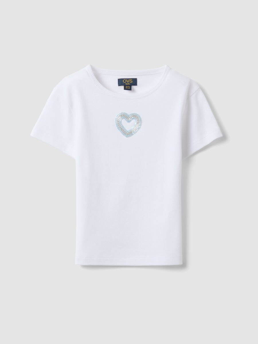 White short-sleeve pure cotton T-shirt with decorative heart_0