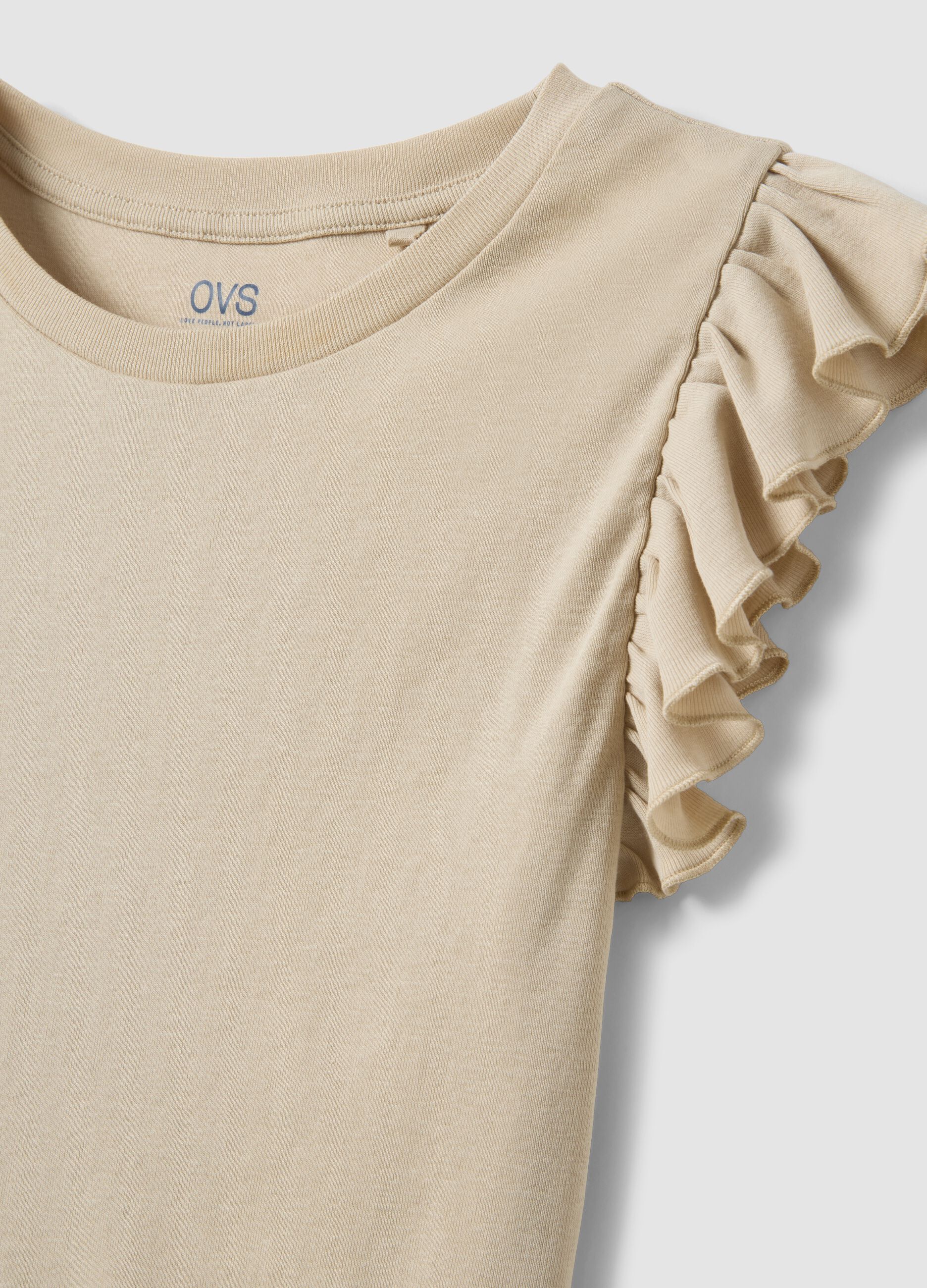 Beige slim fit pure cotton t-shirt with ruffles