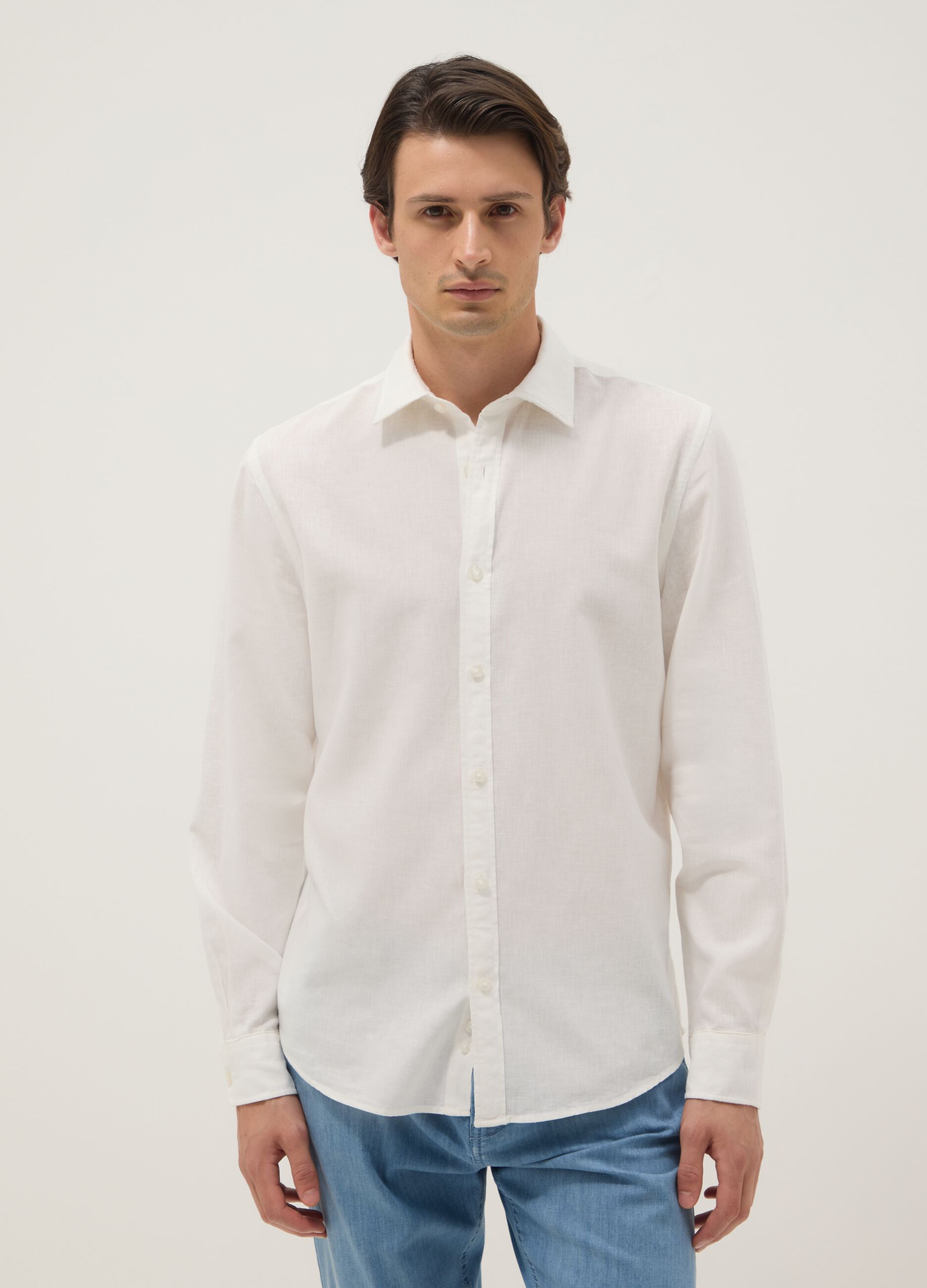 White regular fit linen-cotton blend shirt