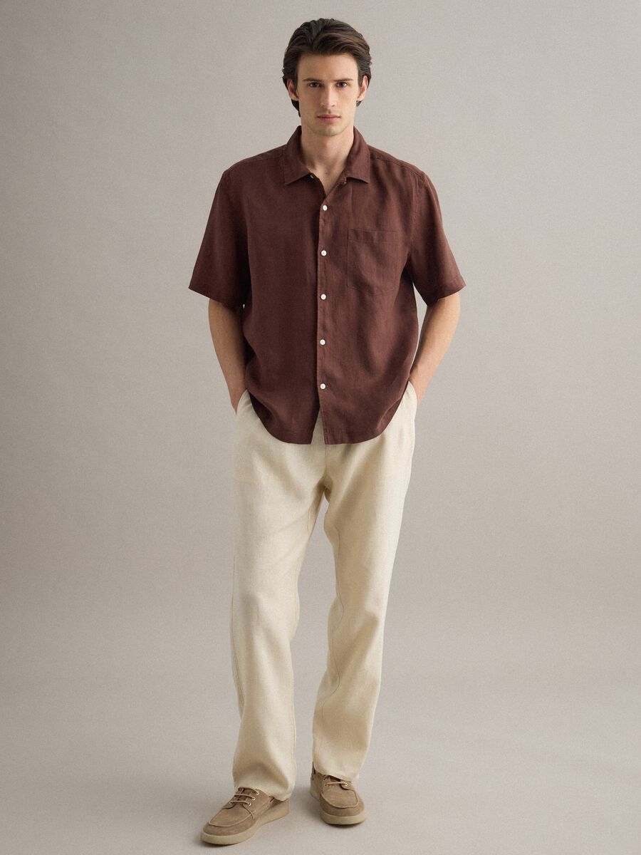 Brown short sleeve pure linen regular fit shirt_2