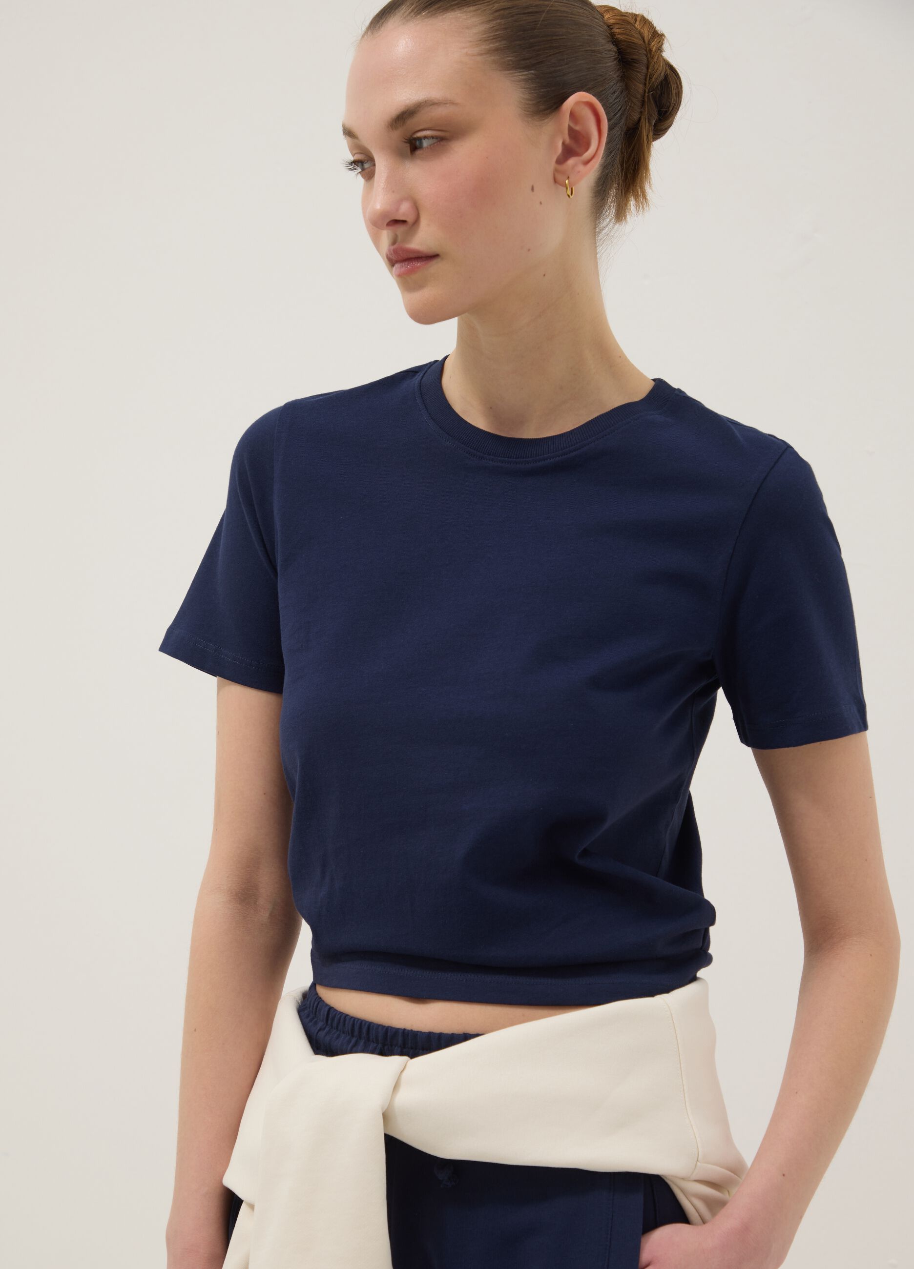 Blaues Kurzarm-T-Shirt aus reiner Baumwolle, Regular Fit