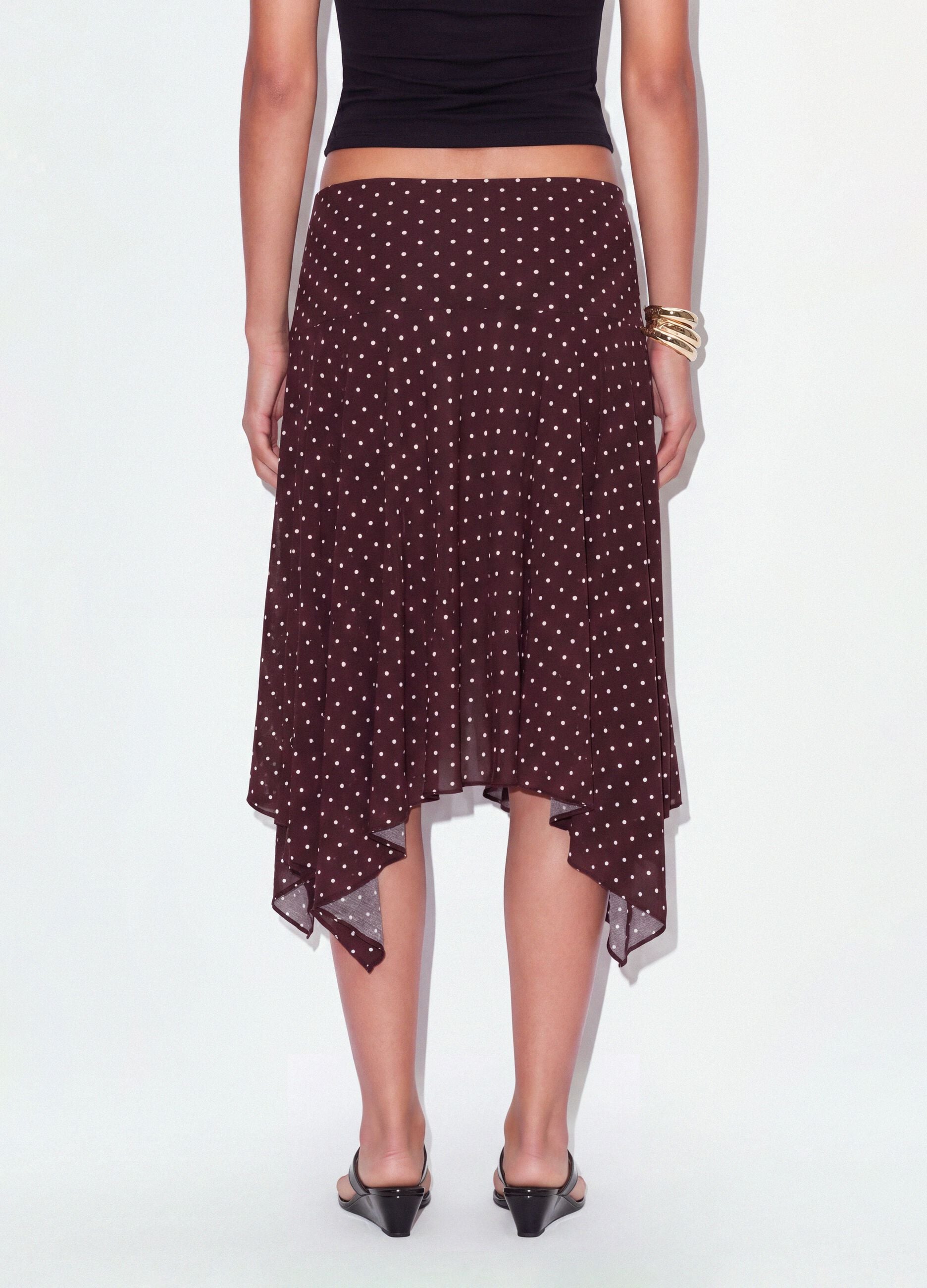 Brown polka-dot skirt in viscose blend with asymmetric hem