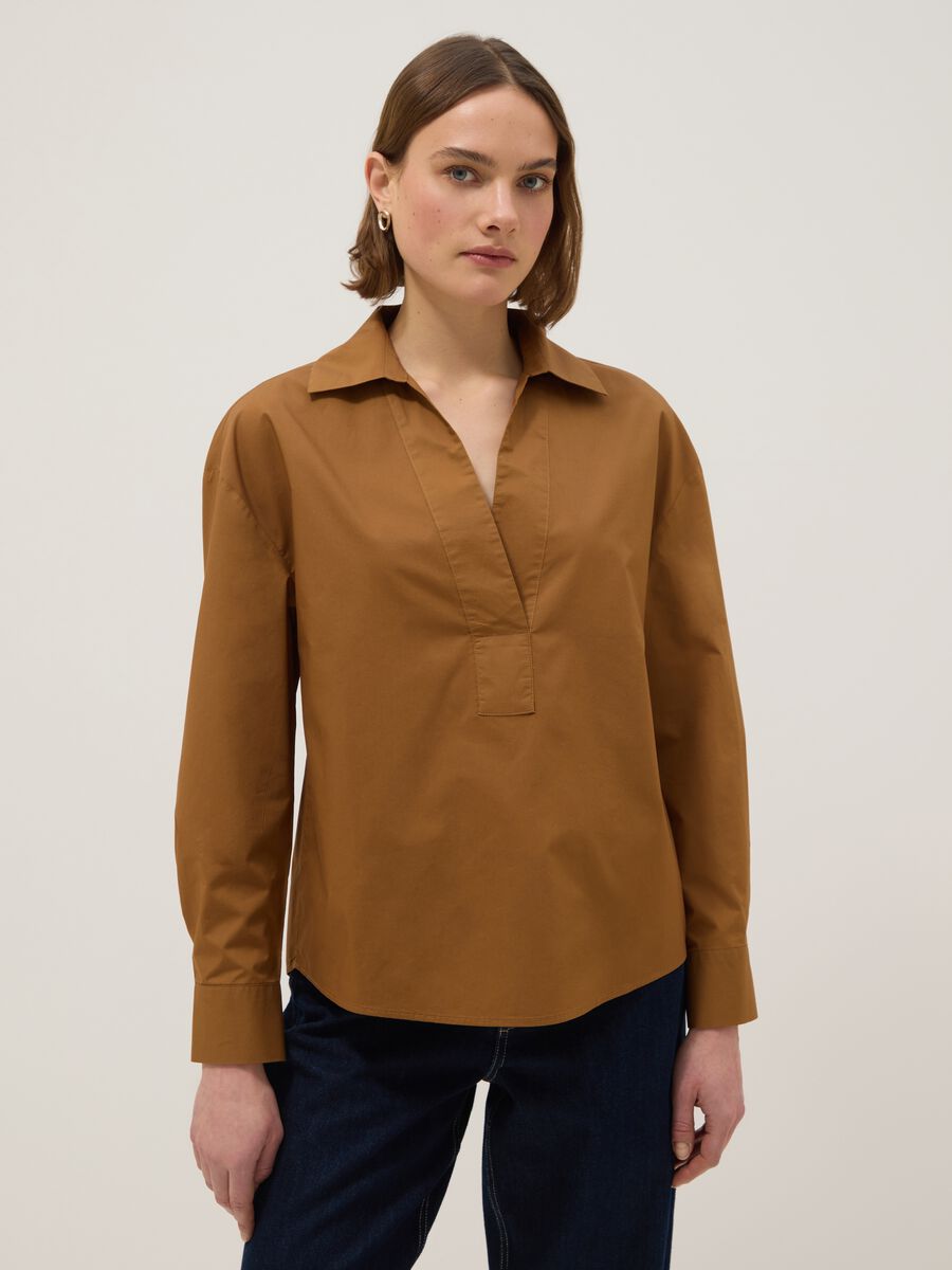 Brown regular fit pure cotton shirt without buttons_0
