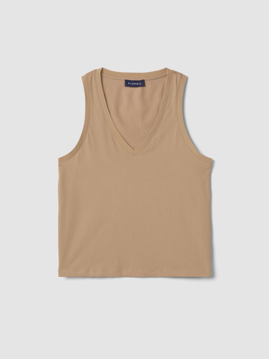 Beige cotton blend regular fit V-neck tank top_4