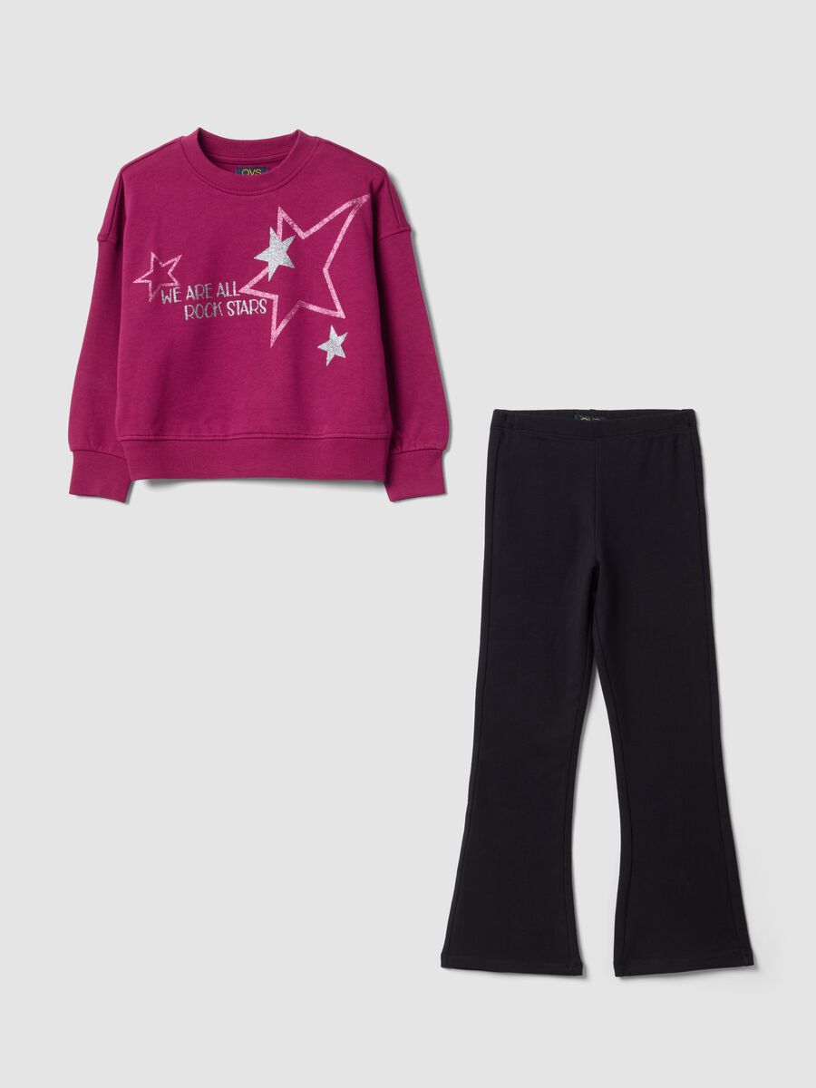 Purple and black 100% cotton tracksuit with crew-neck sweatshirt for girls_0