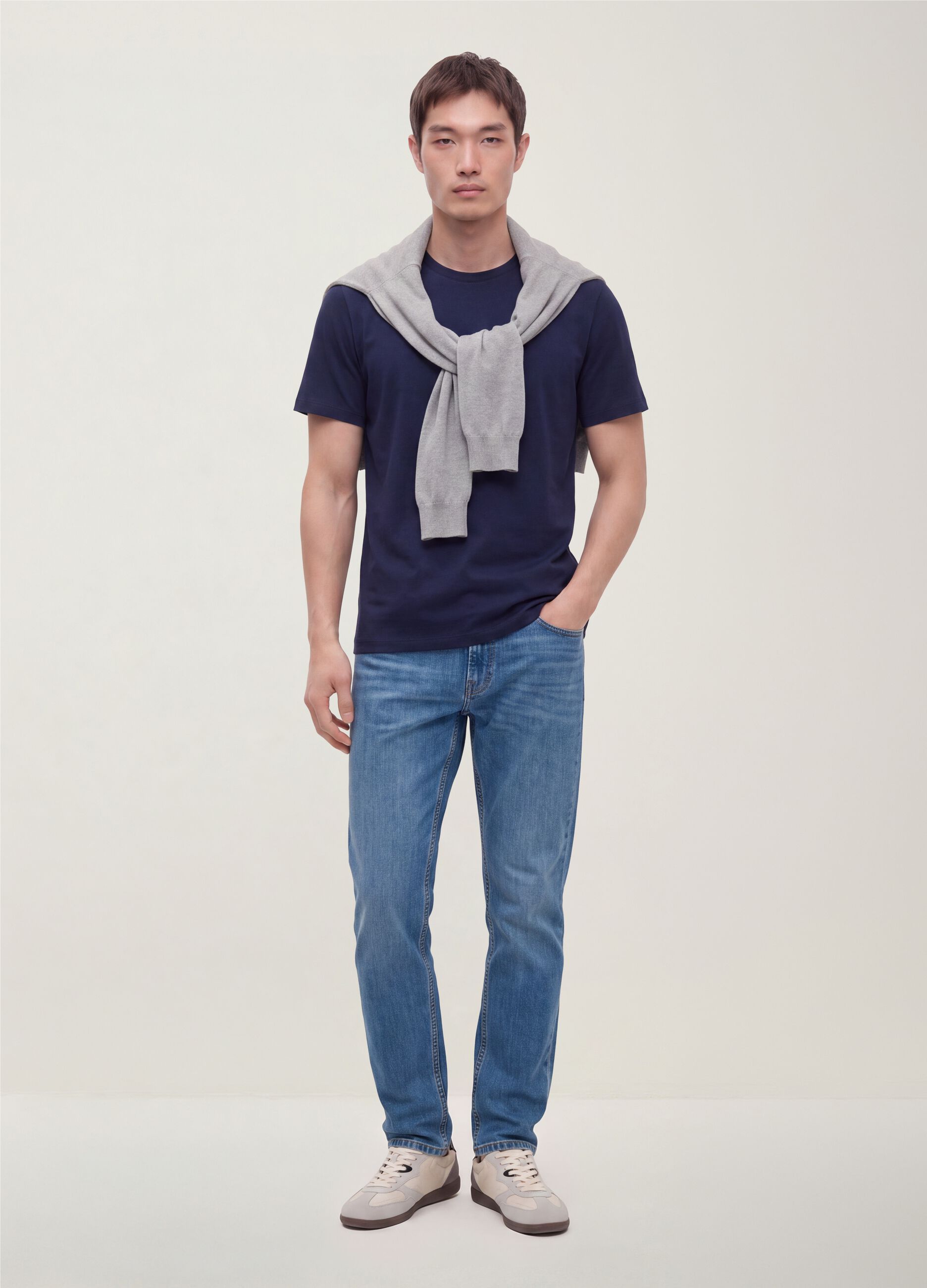 Blue mercerised pure cotton crew-neck T-shirt, regular fit