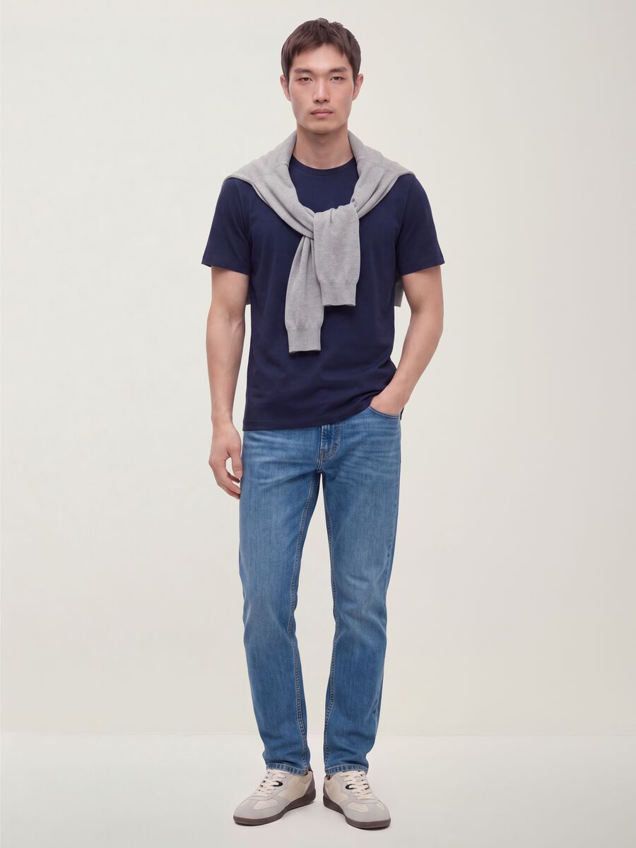 Blue mercerised pure cotton crew-neck T-shirt, regular fit_1