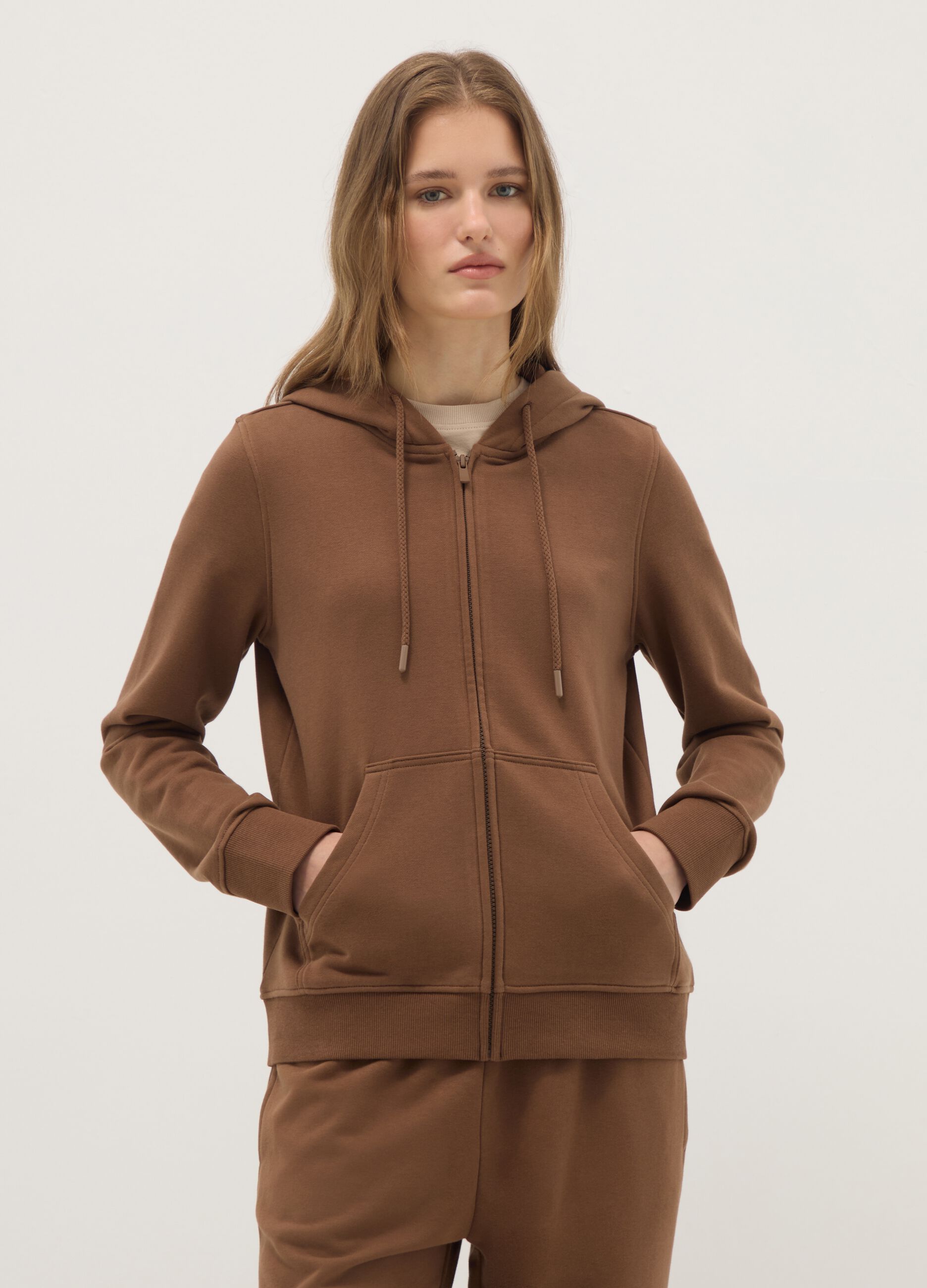 Brown cotton blend regular fit hoodie with zip