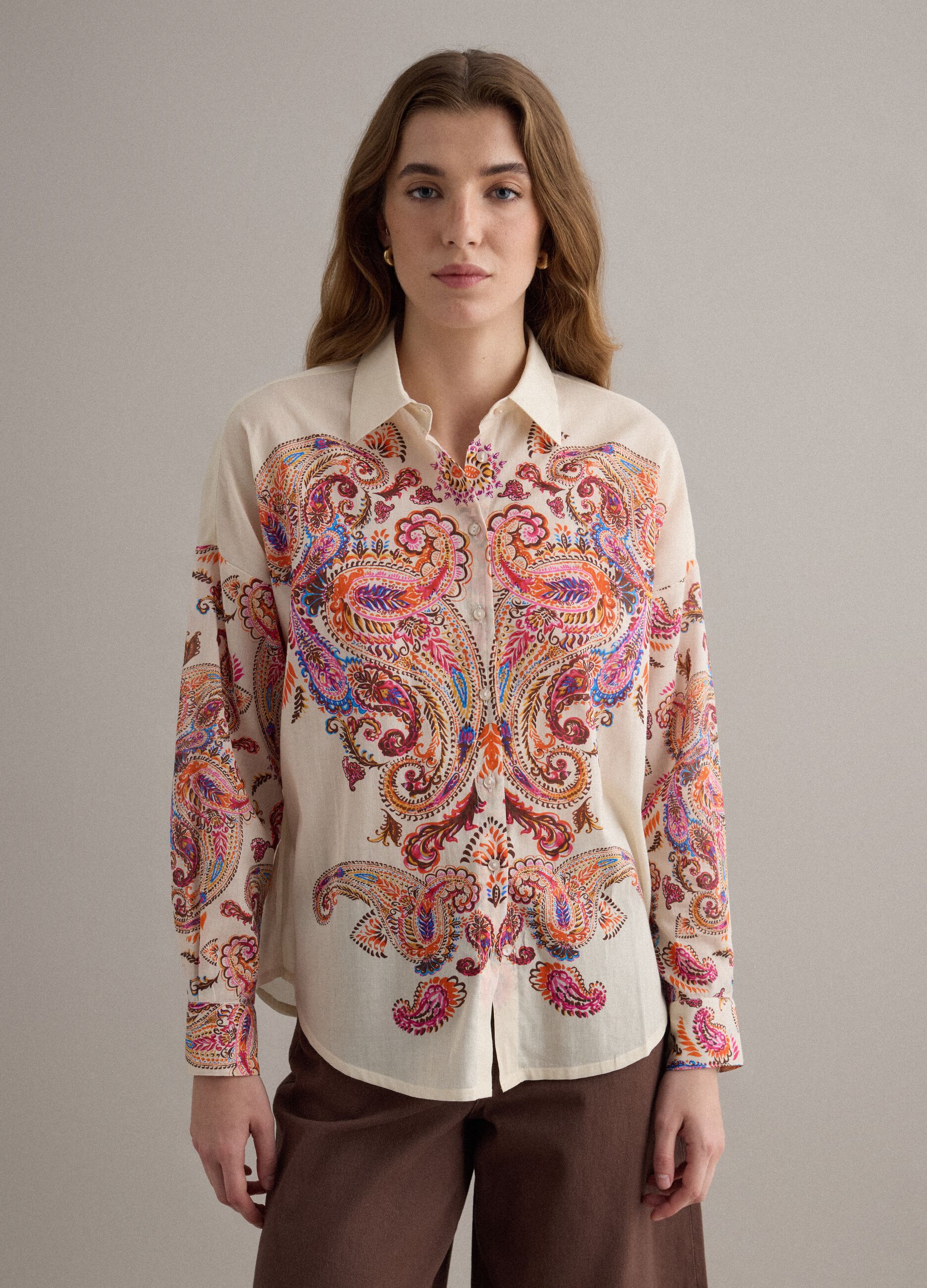 Camisa multicolor de manga curta em algod&atilde;o puro