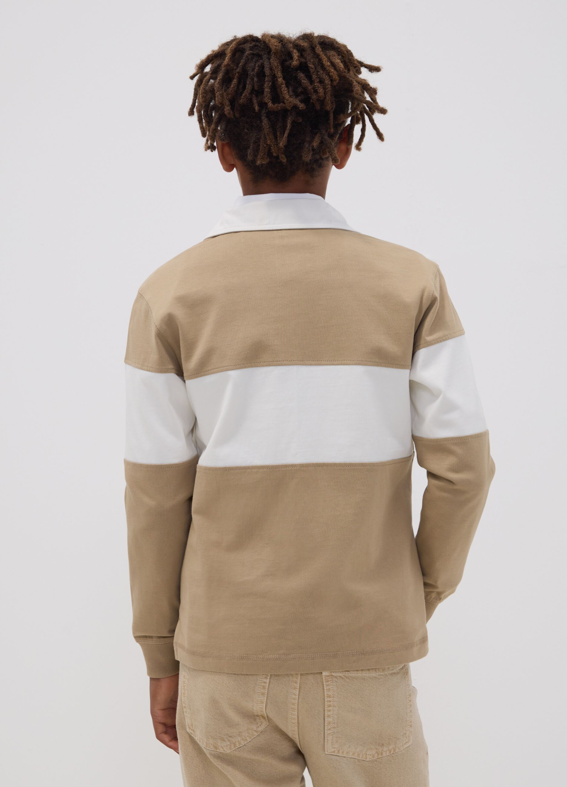 Beige pure cotton striped polo shirt with classic collar for boys