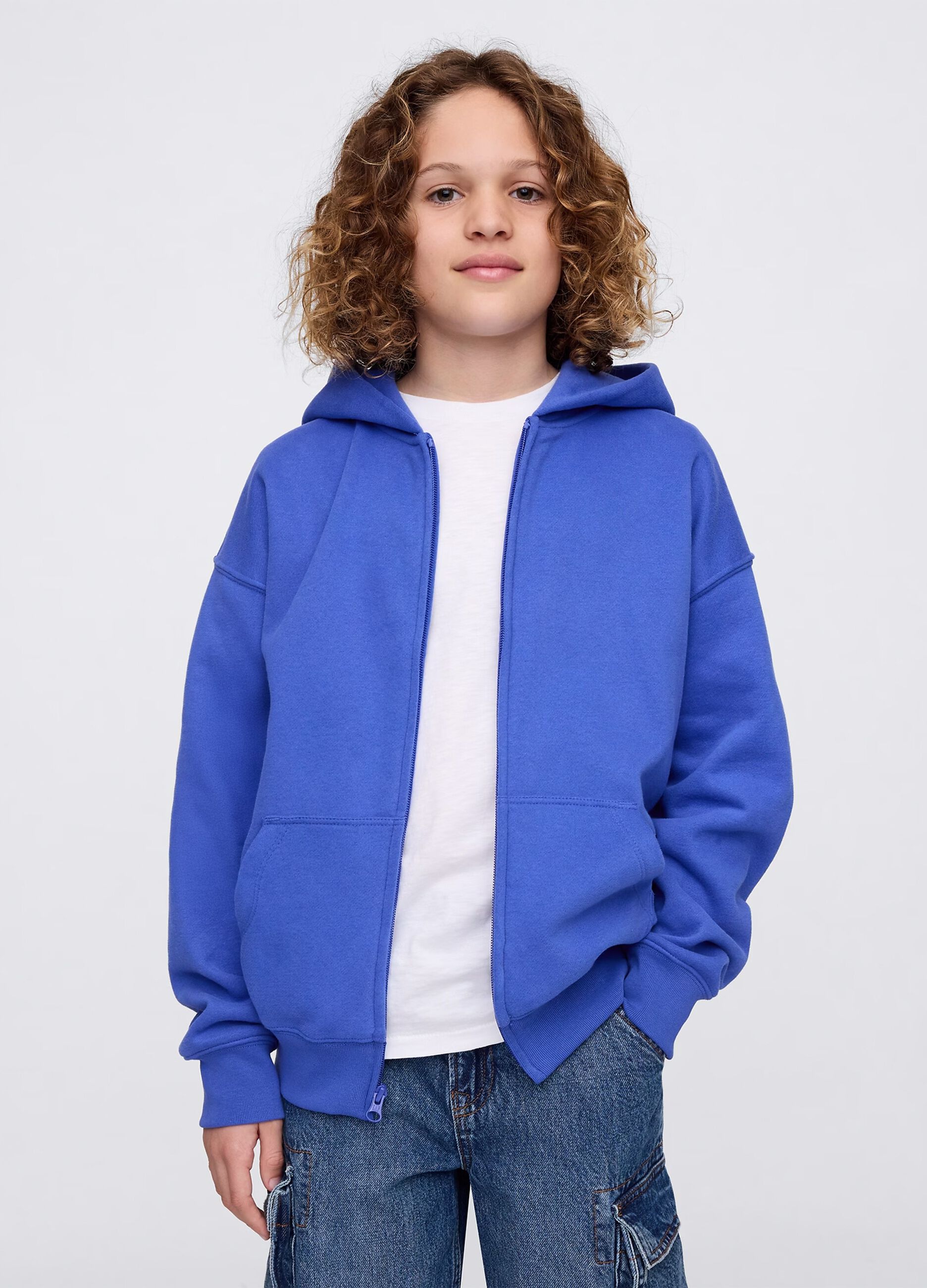 Blue full-zip sweatshirt in cotton with hood