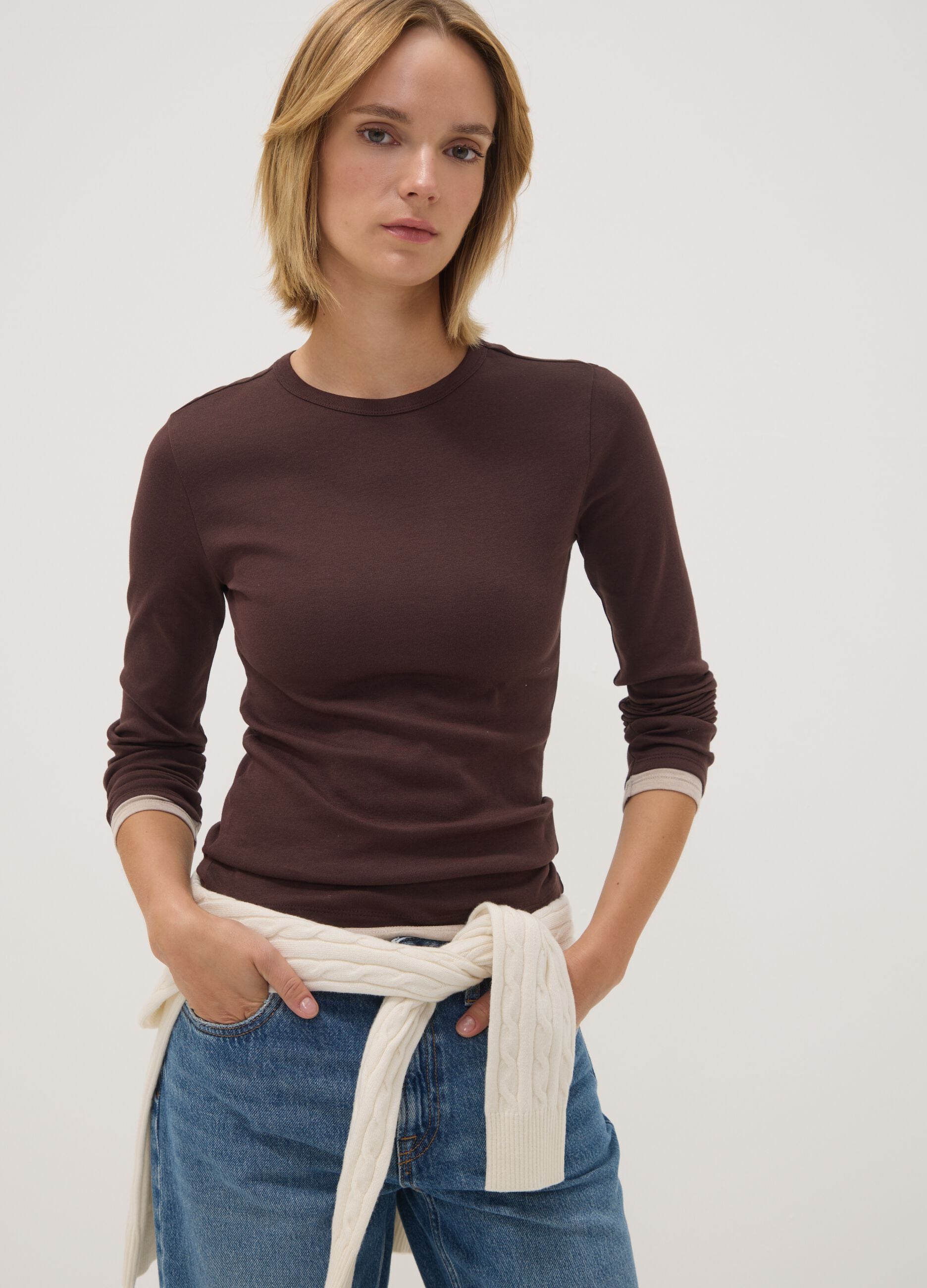 Brown cotton-blend crew-neck T-shirt