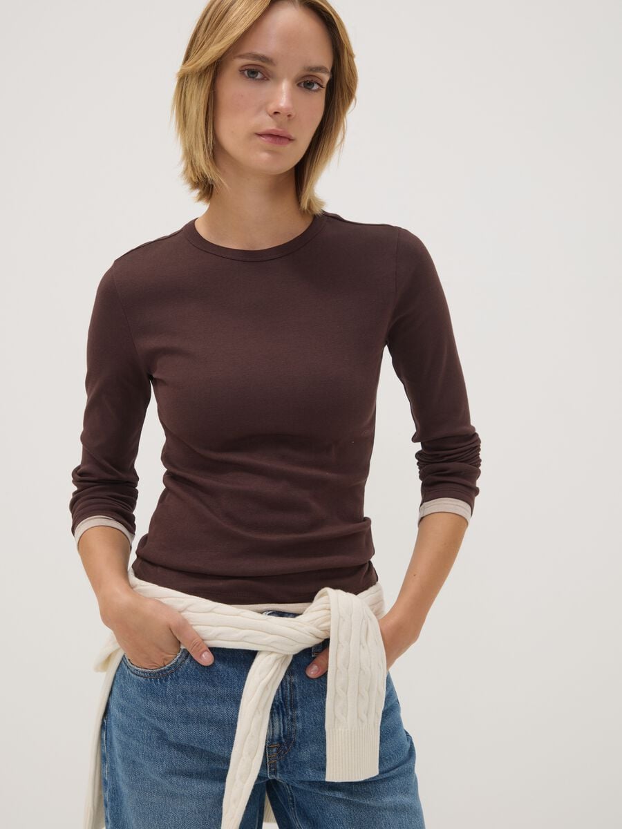 Brown cotton-blend crew-neck T-shirt_1