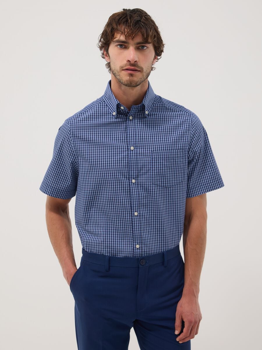 Blue checked short-sleeve shirt_0