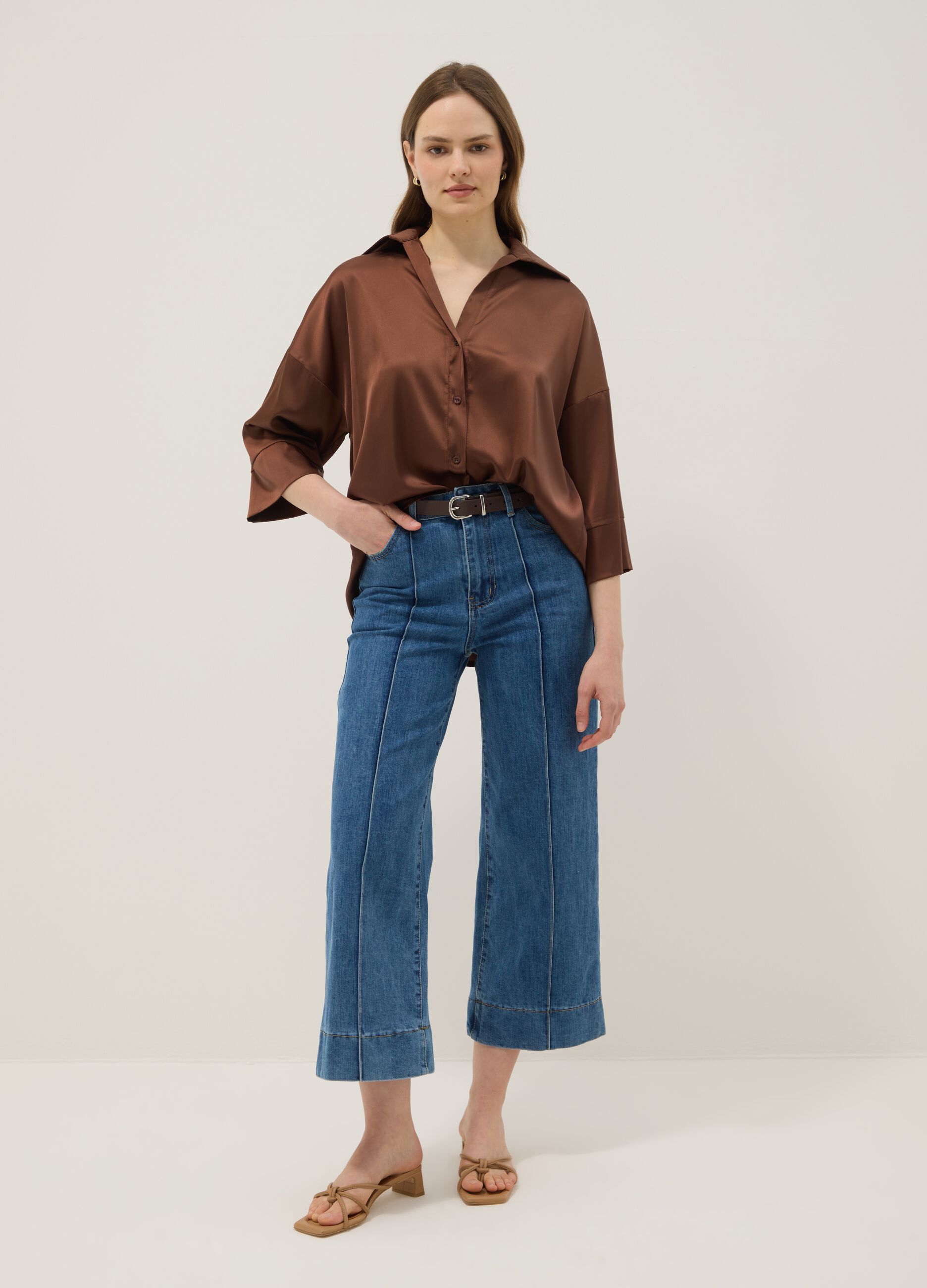 Braune Satinbluse im Regular Fit