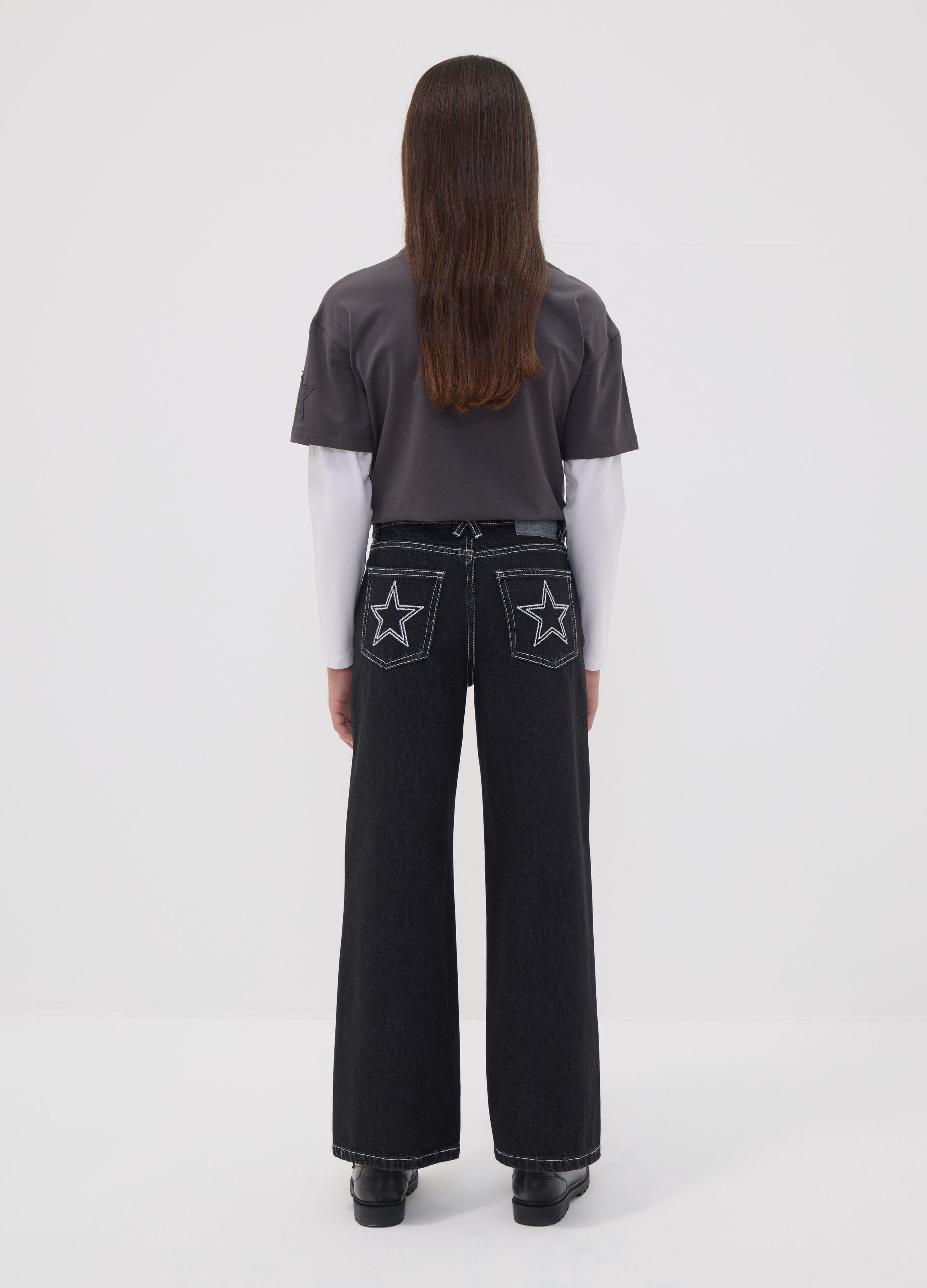 Black straight-leg pure cotton jeans with star detail for girls
