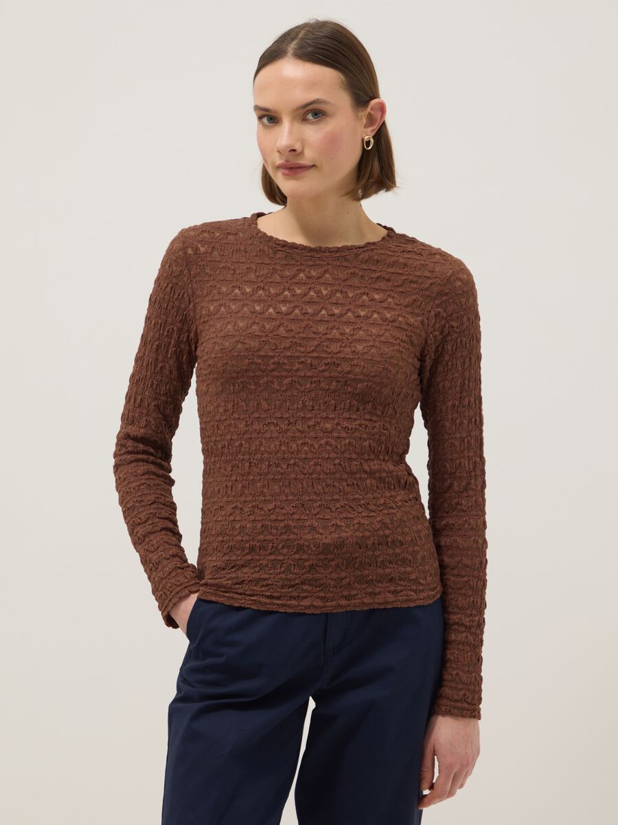 Brown cotton and viscose blend sweater regular fit with knit texture_0