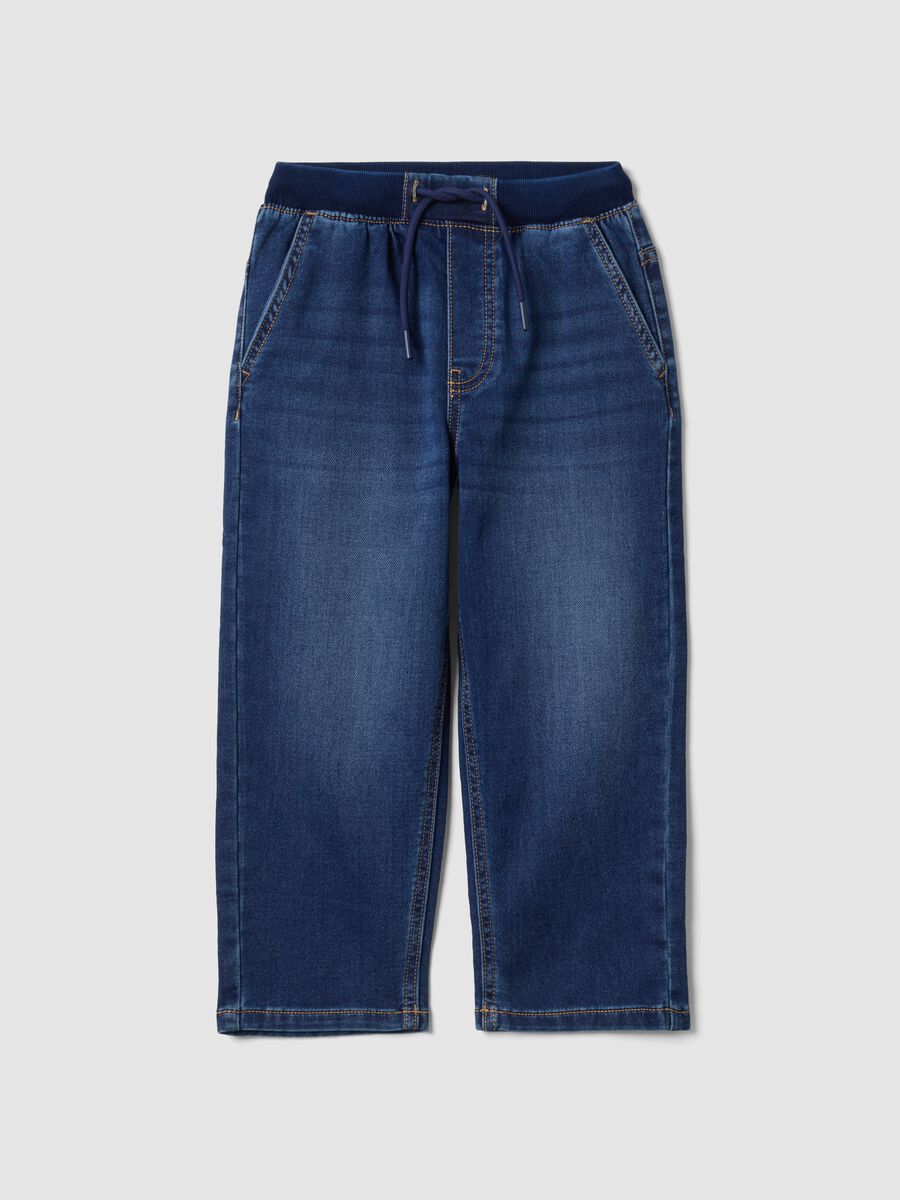 Blue stretch cotton denim joggers with elasticated waist for boys_0