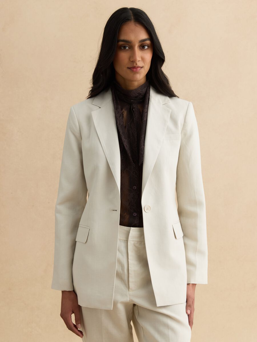 Beige lyocell and linen blend blazer, regular fit with buttons_0