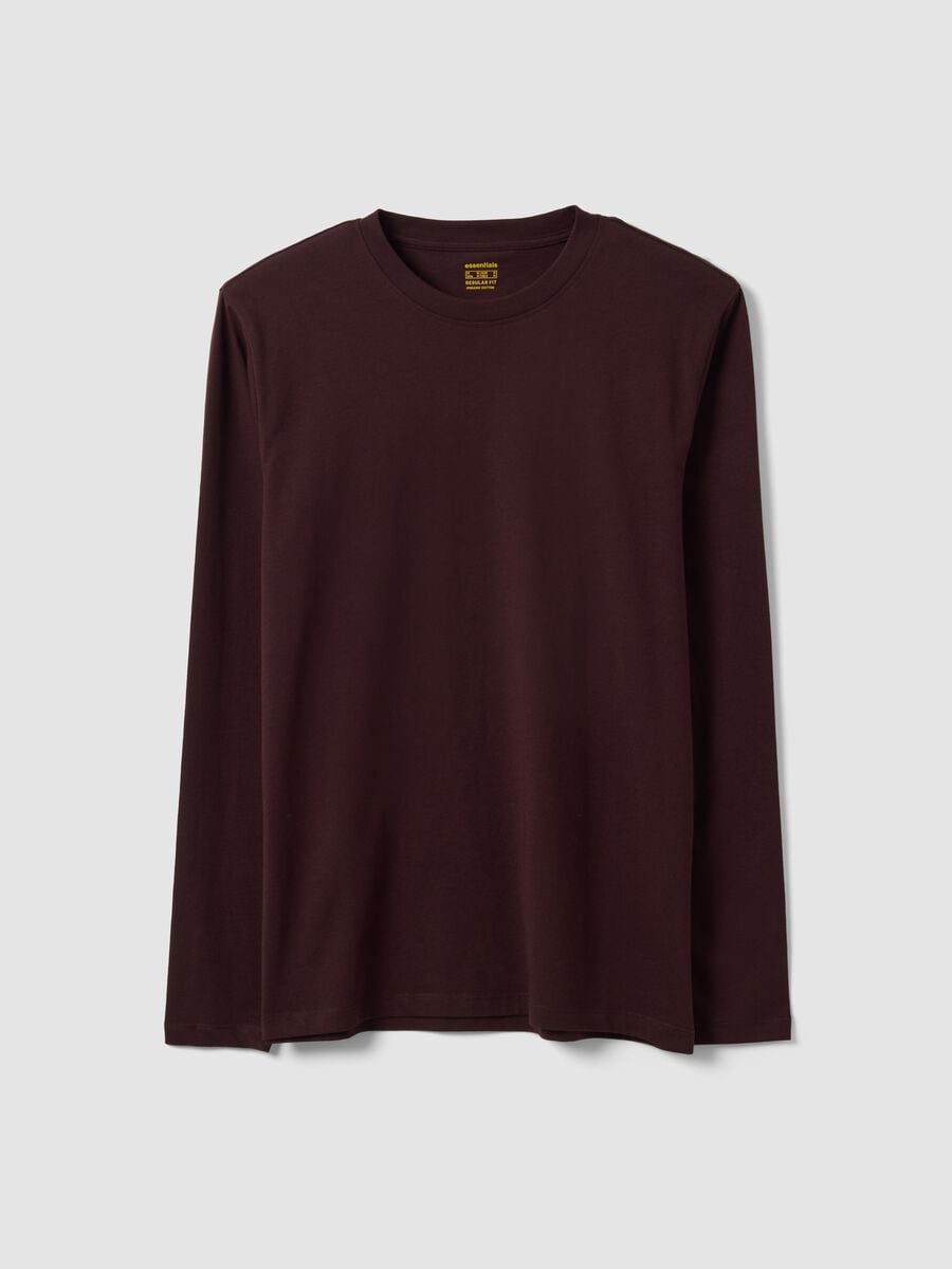Brown long-sleeved pure organic cotton crew-neck T-shirt_0
