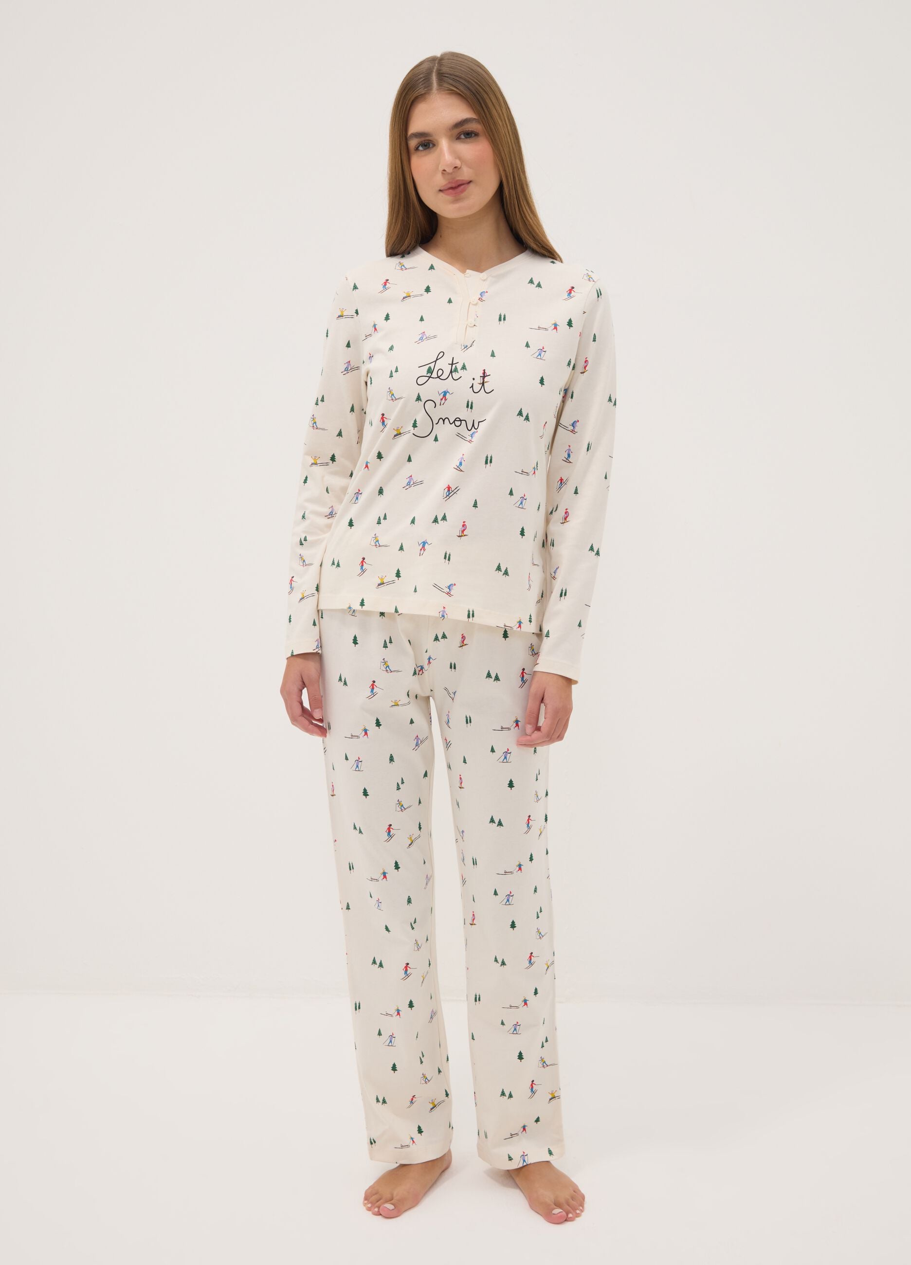 Pijama branco em jersey de algod&atilde;o puro, corte regular