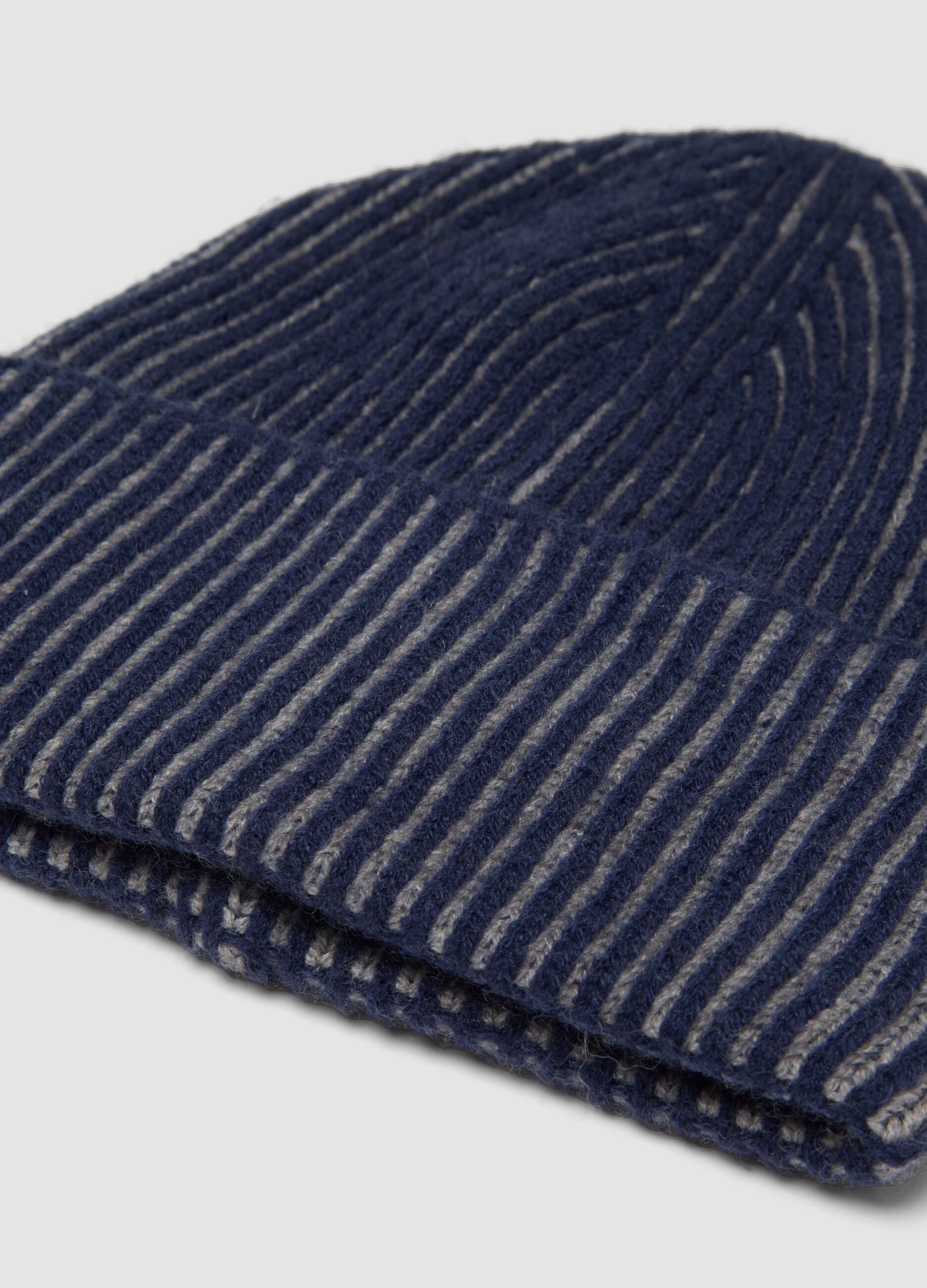 Blue and grey ribbed jersey knit beanie