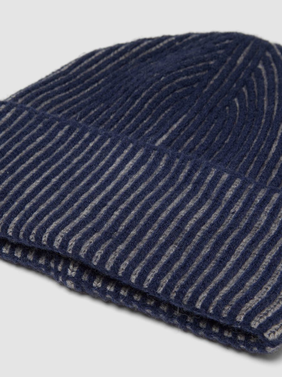 Blue and grey ribbed jersey knit beanie_1