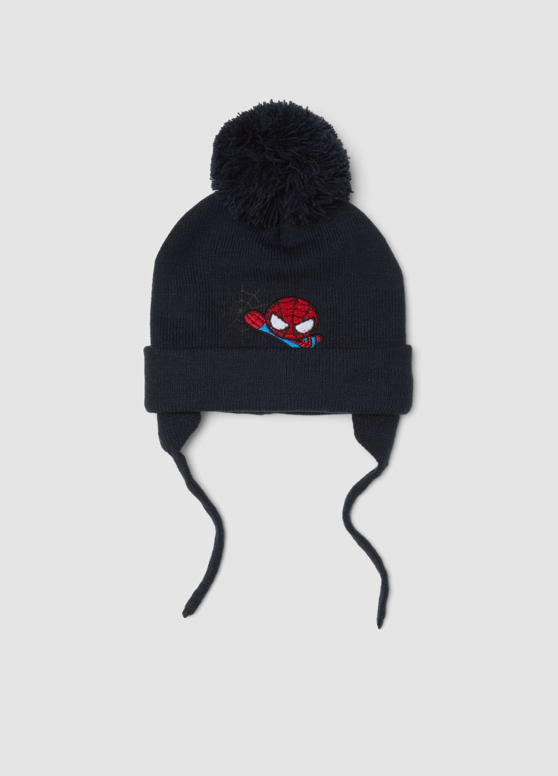 Cappello blu in maglia con pompon e lacci a tema MARVEL Spider-Man