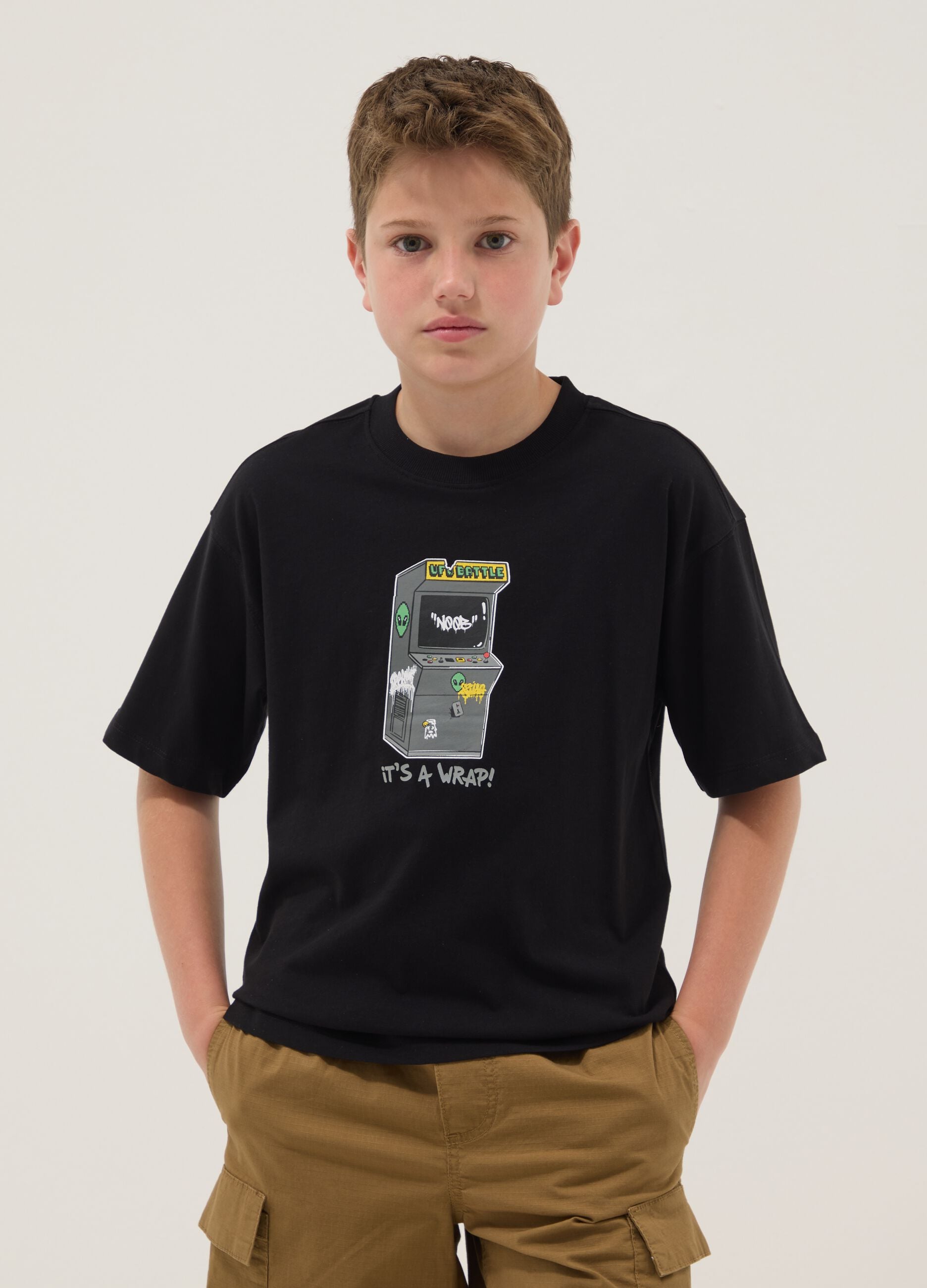 Boys&rsquo; black pure cotton oversized T-shirt with print