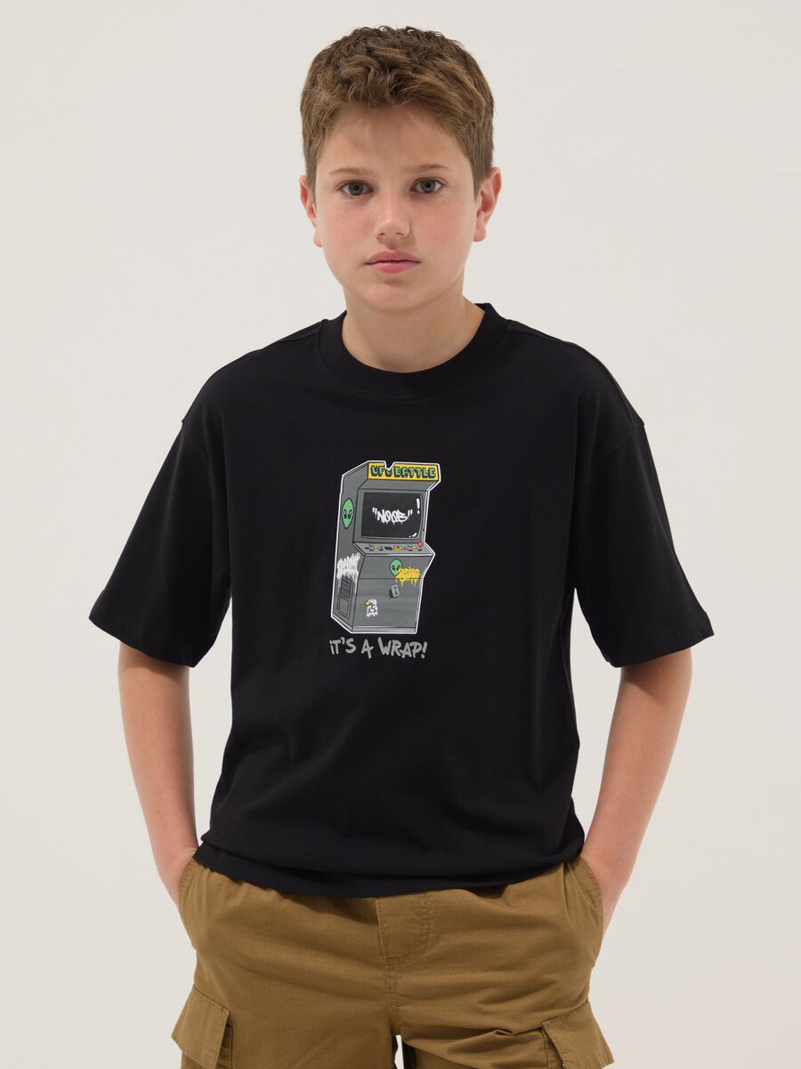 Boys&rsquo; black pure cotton oversized T-shirt with print_0