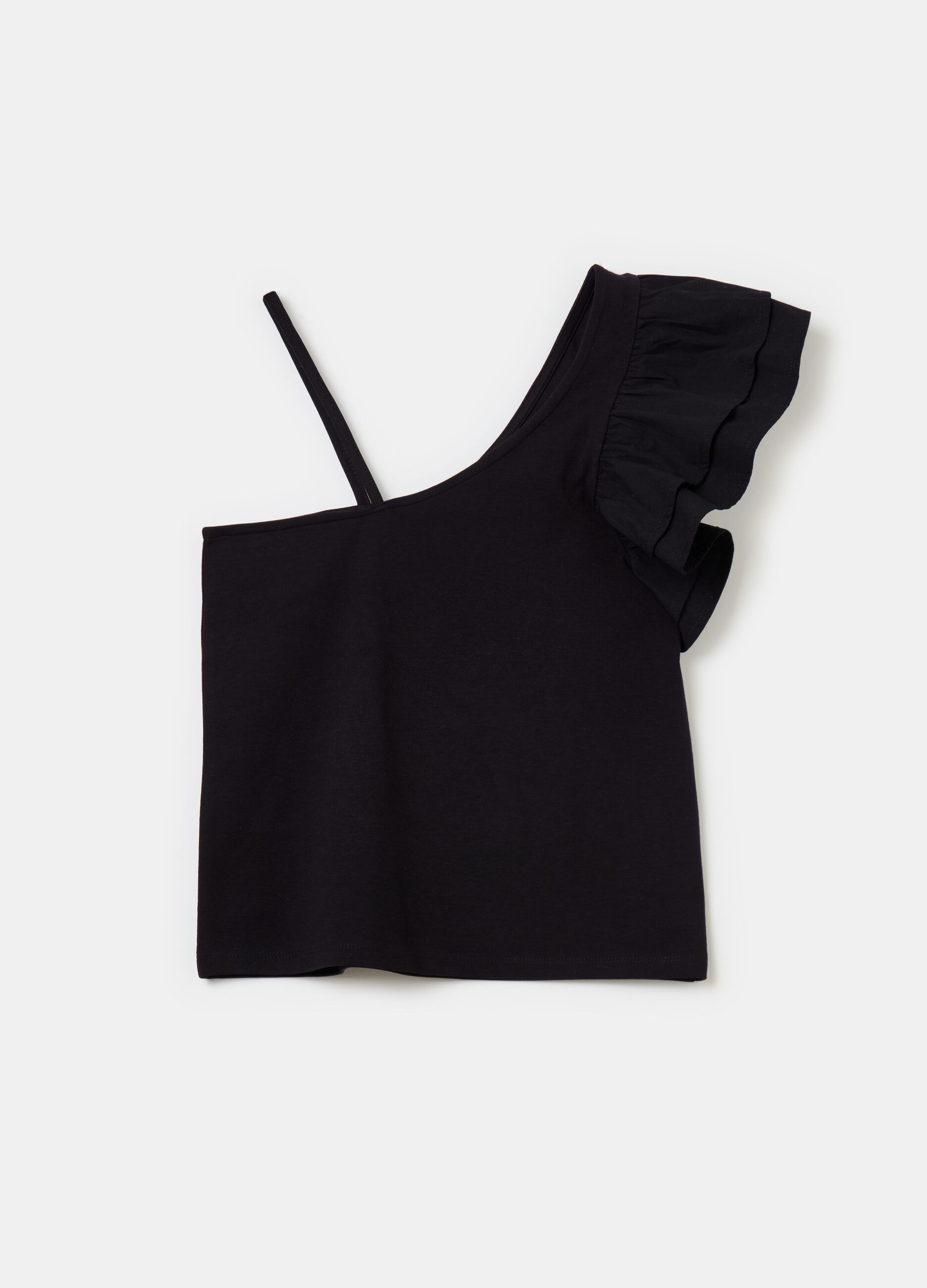 Stretch cotton T-shirt with one shoulder strap