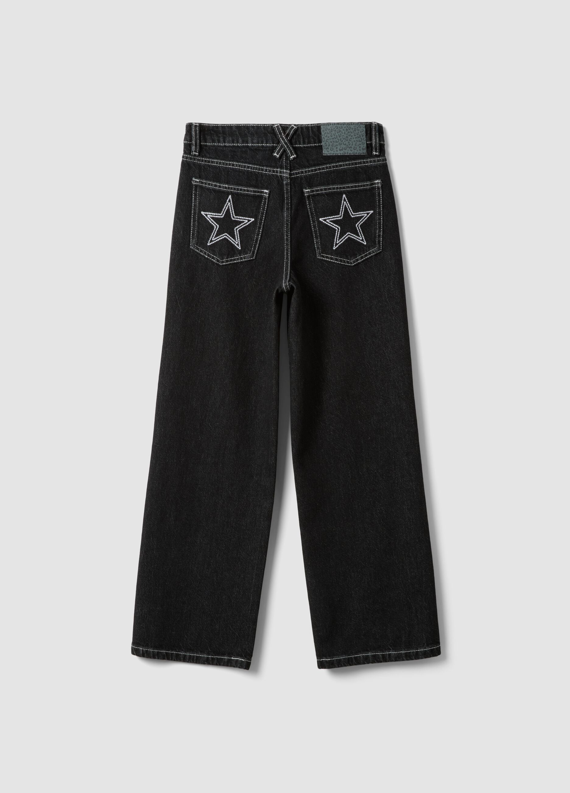 Black straight-leg pure cotton jeans with star detail for girls