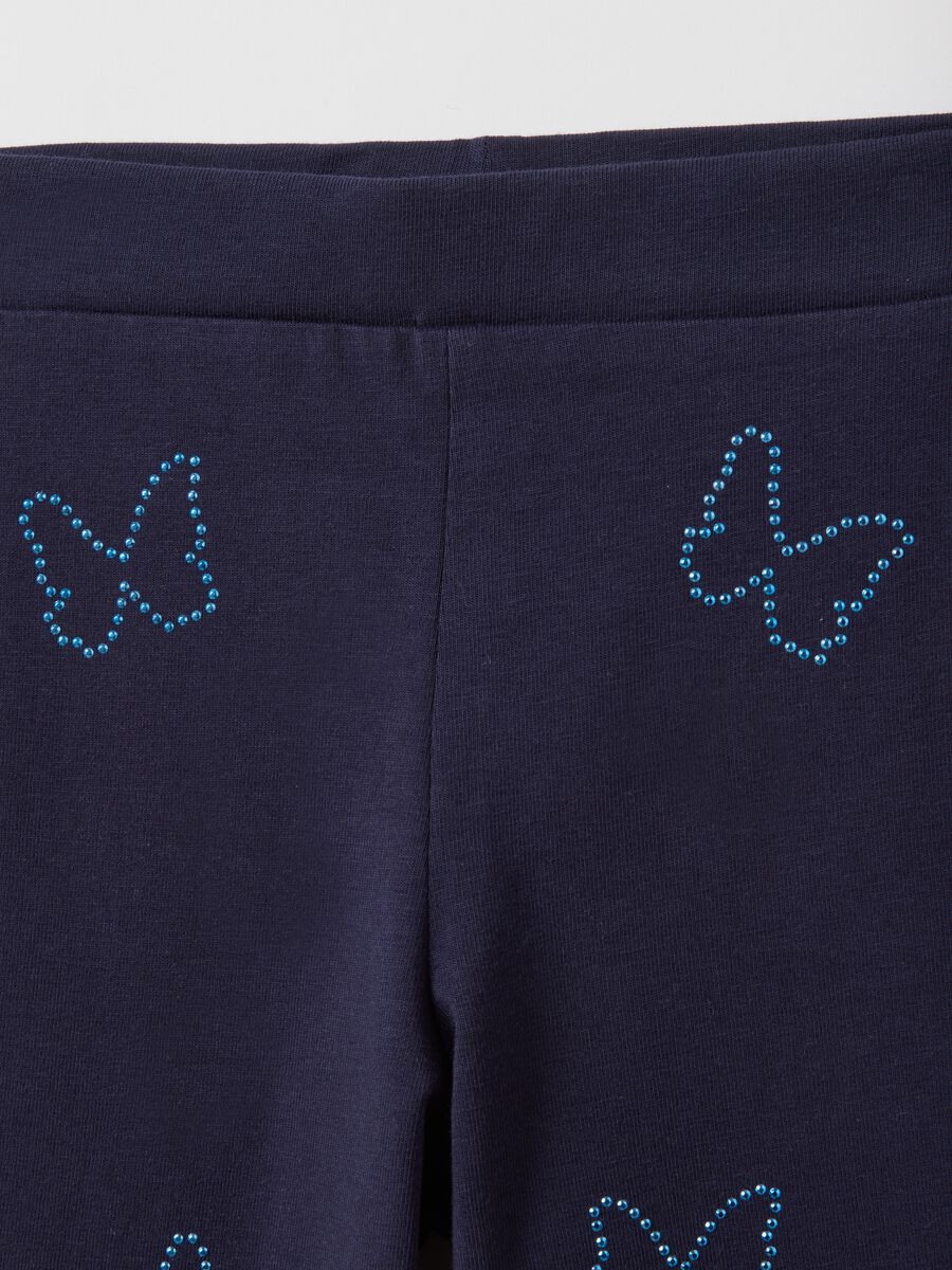 Girls' blue slim fit stretch cotton leggings with decorations_2
