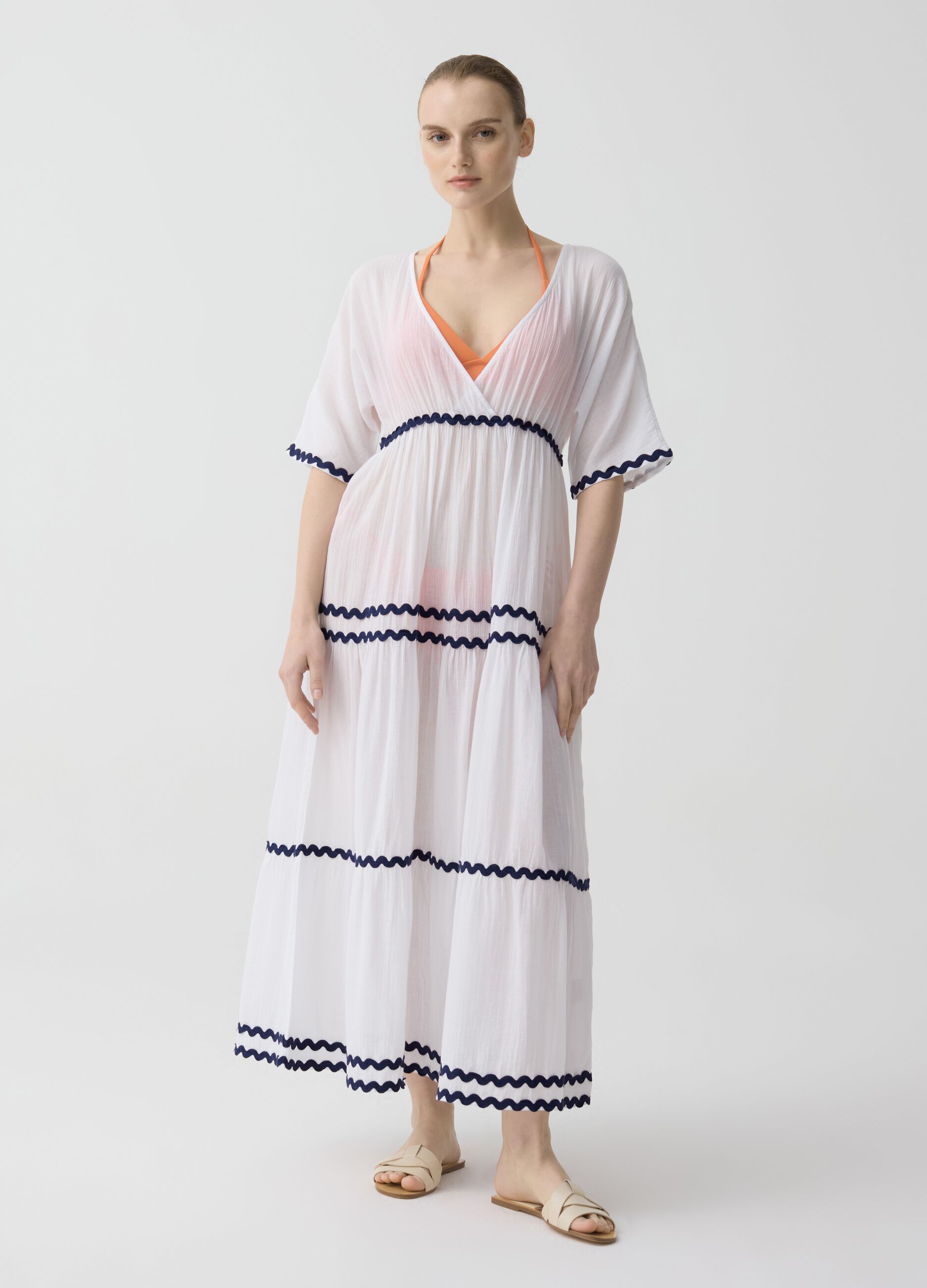 Long beach cover-up dress with wavy embroidery