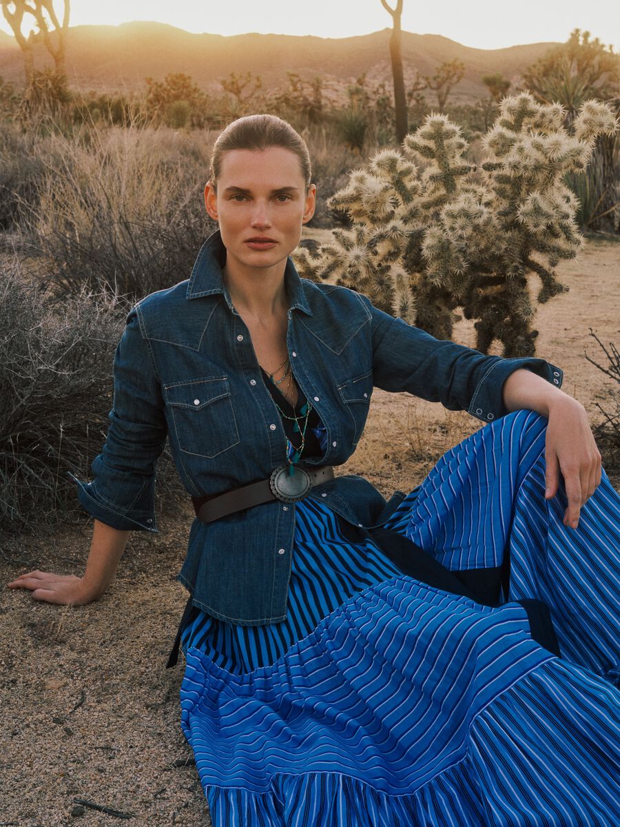 Multicolour striped pure cotton dress with regular fit and V-neck_0