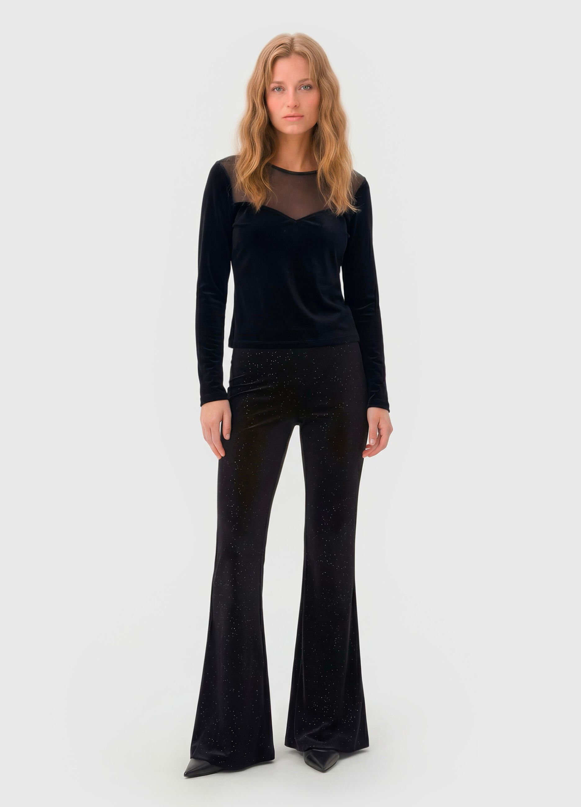 Black stretch fabric flare trousers with glitter