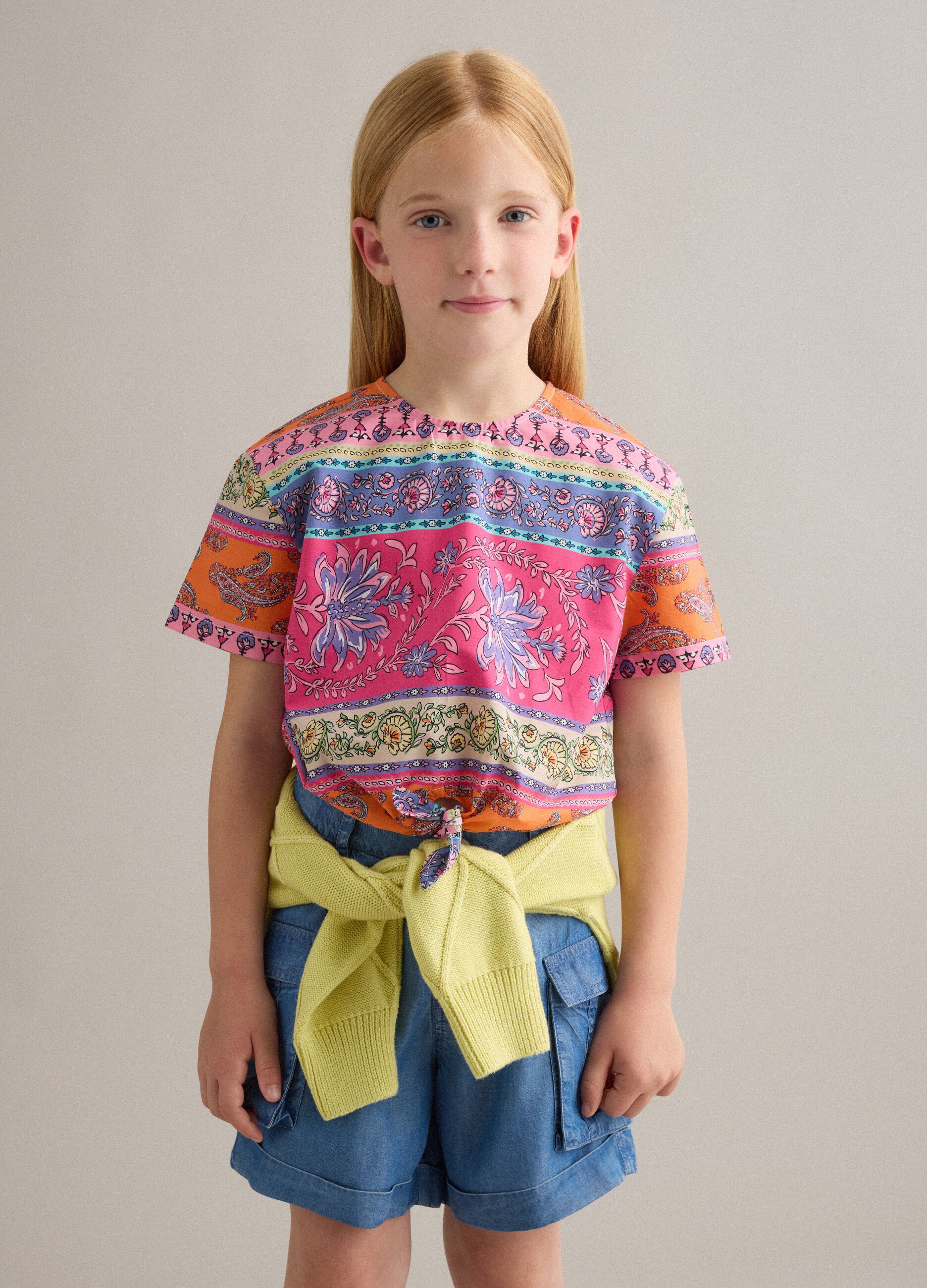 Multicoloured pure cotton shirt with front tie