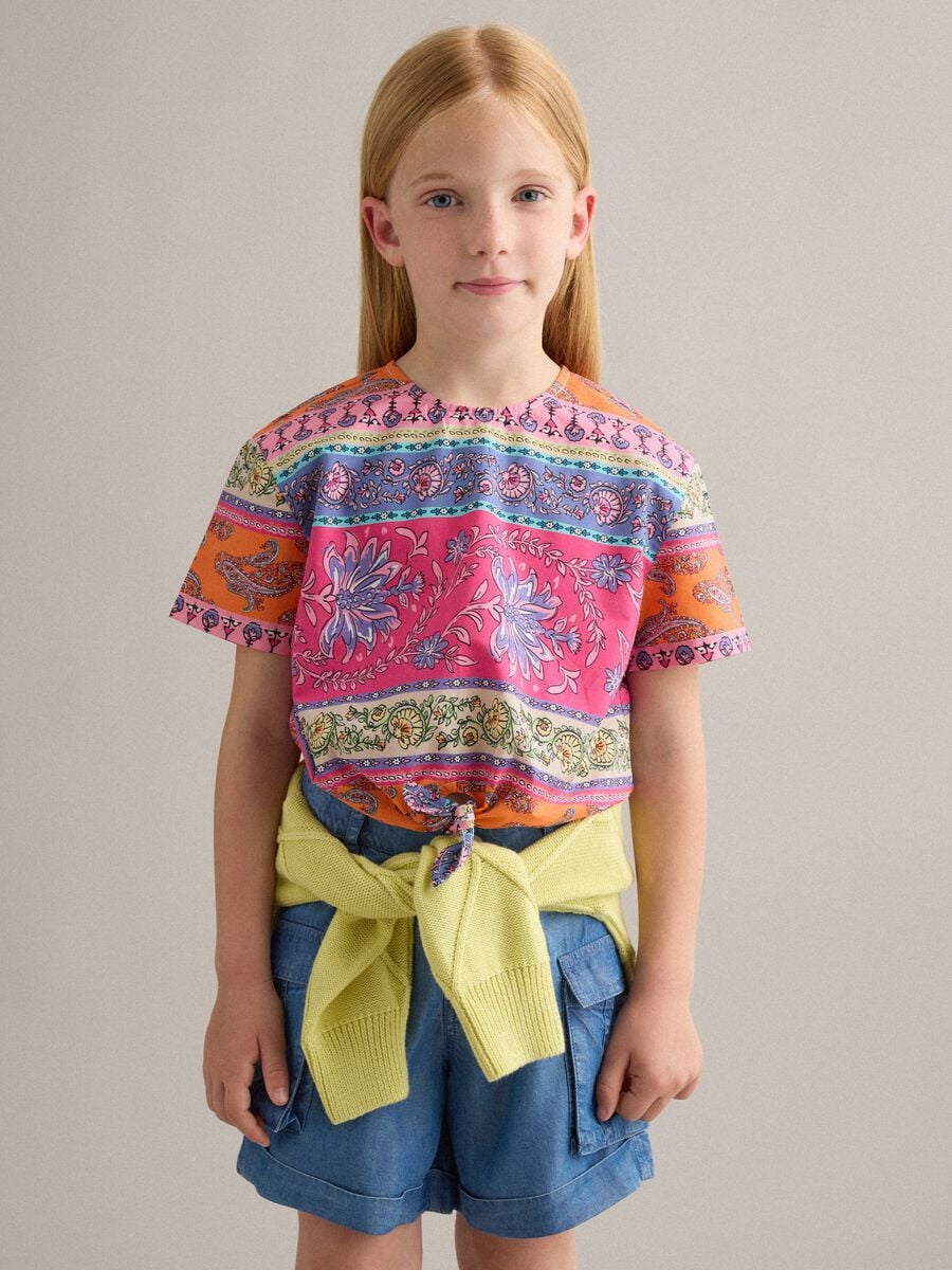 Mehrfarbige Bluse aus reiner Baumwolle mit Bindeknoten vorn_0
