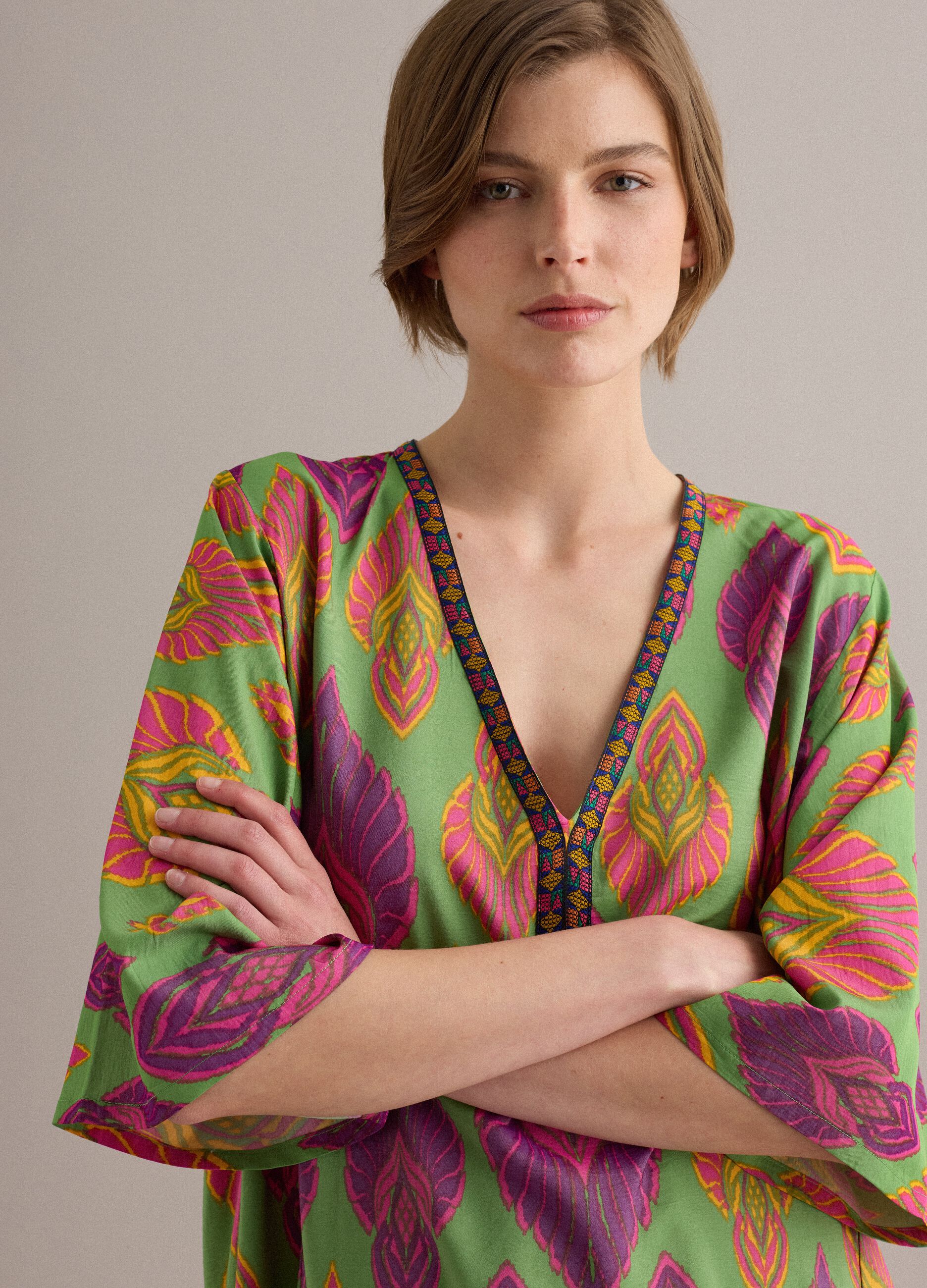 Green viscose-blend midi dress with print