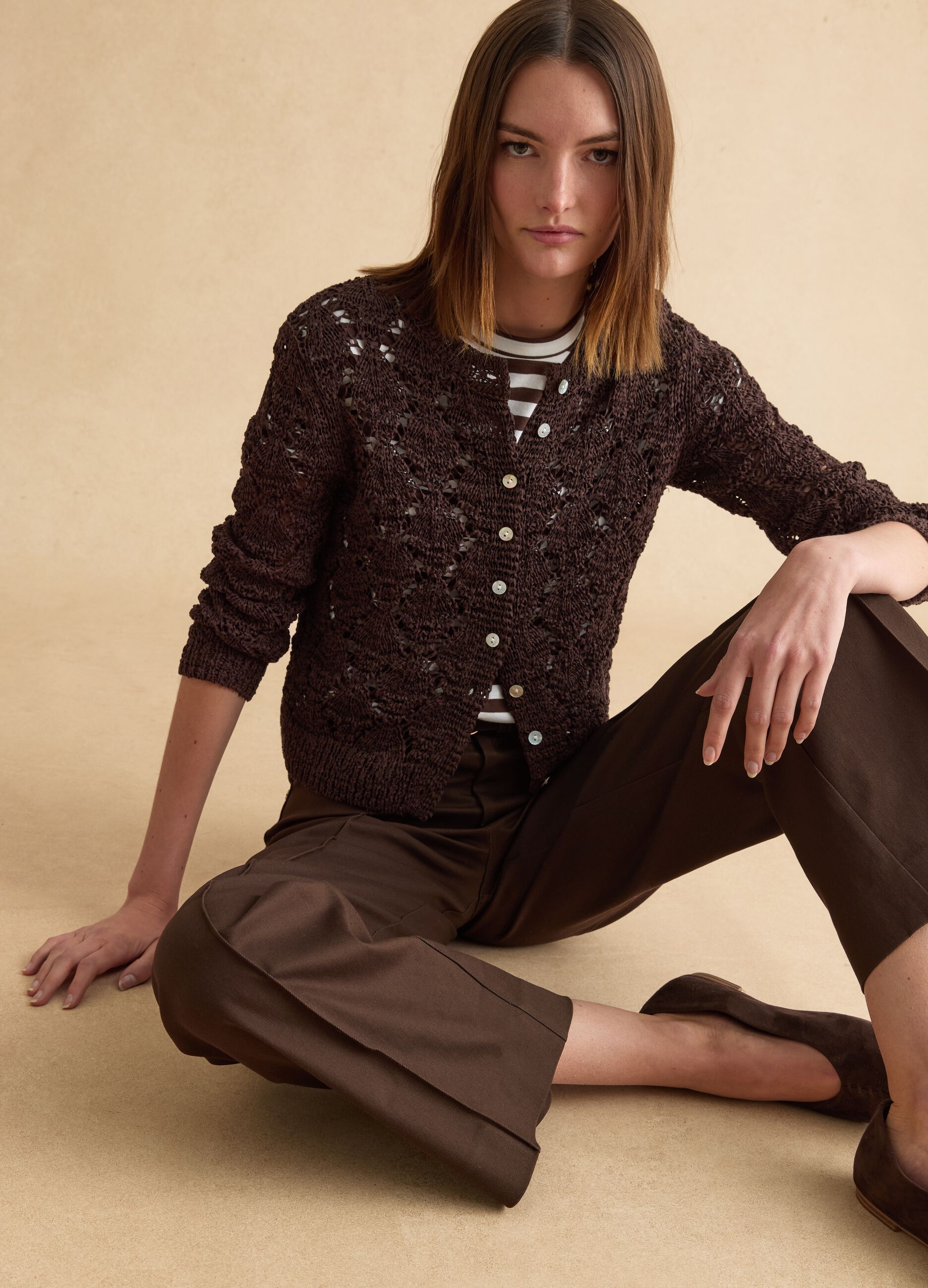 Brown cotton blend cardigan with regular fit and knitted design
