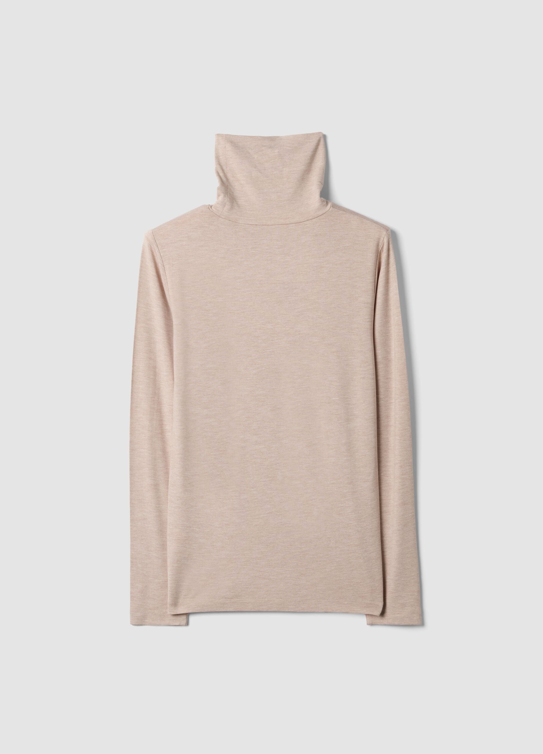 Beiger Pullover aus elastischer Viskose mit Stehkragen, Regular Fit