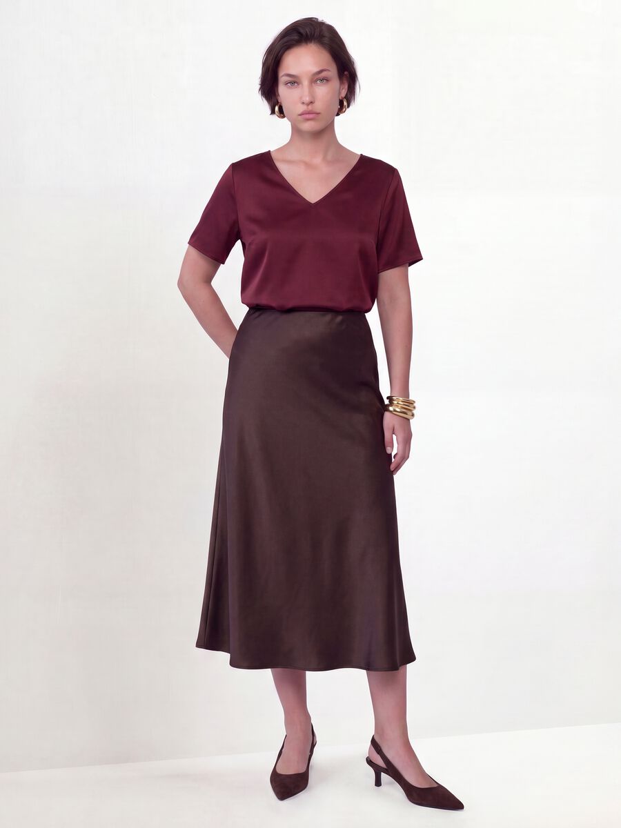 Brown satin midi skirt in stretch fabric_0
