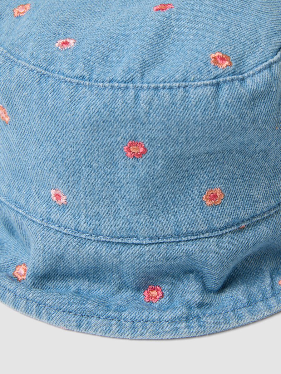 Blue denim pure cotton hat for girls with floral embroidery_2