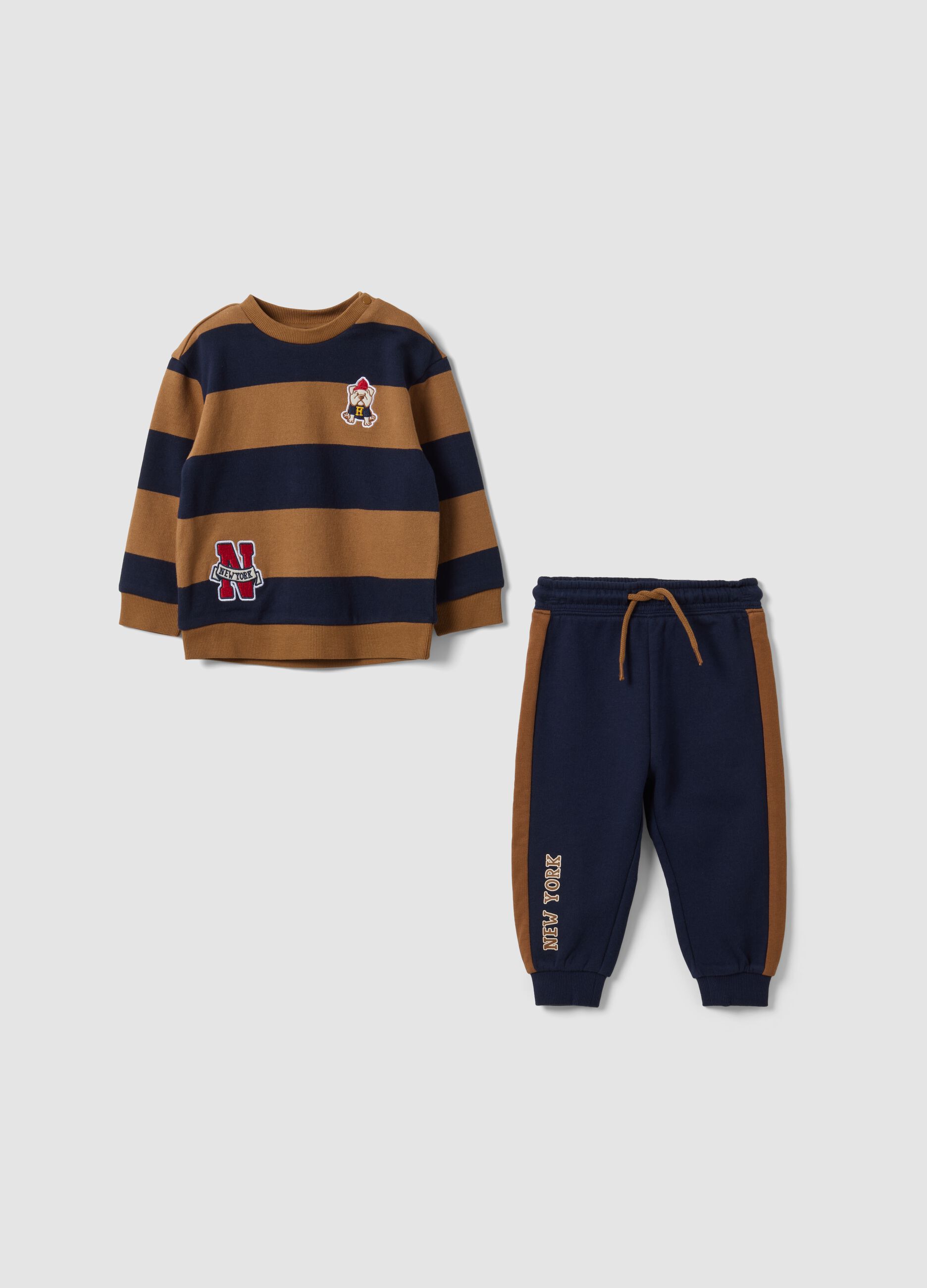 Blue organic cotton crew-neck set with embroidery for baby boy