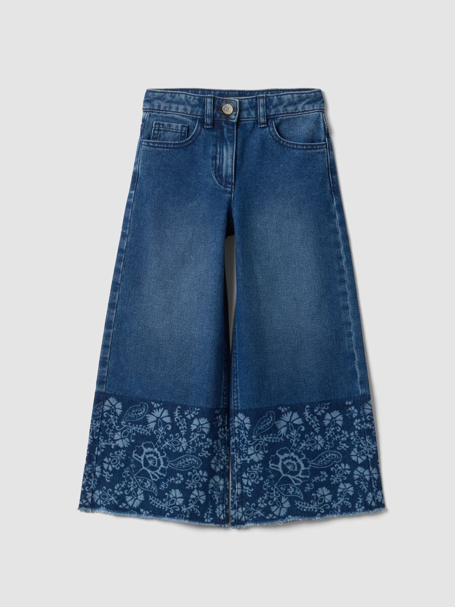 Blue wide-leg pure cotton jeans with floral print for girls_3