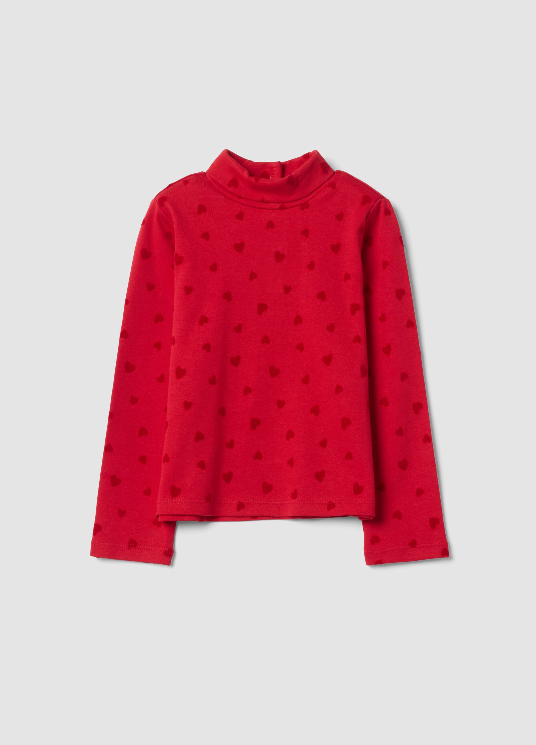 Red pure cotton roll-neck T-shirt with heart print