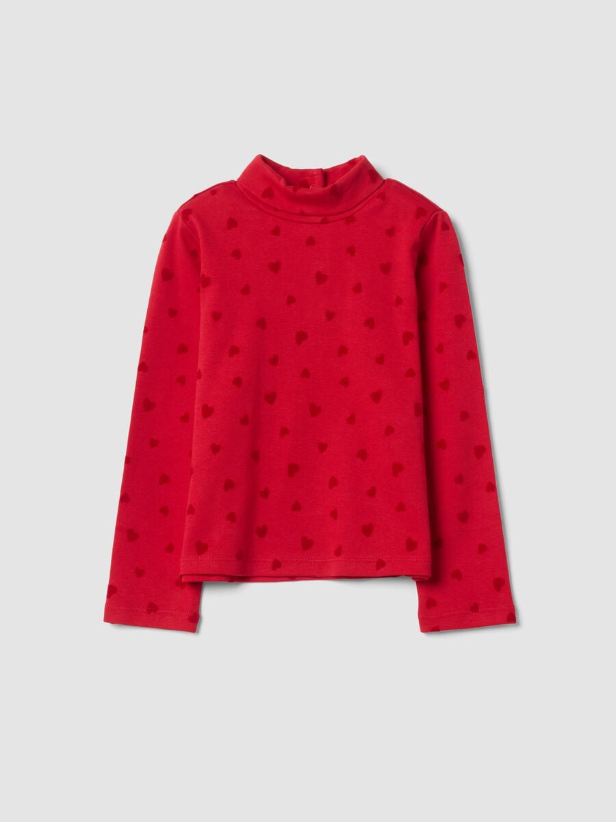 Red pure cotton roll-neck T-shirt with heart print_0